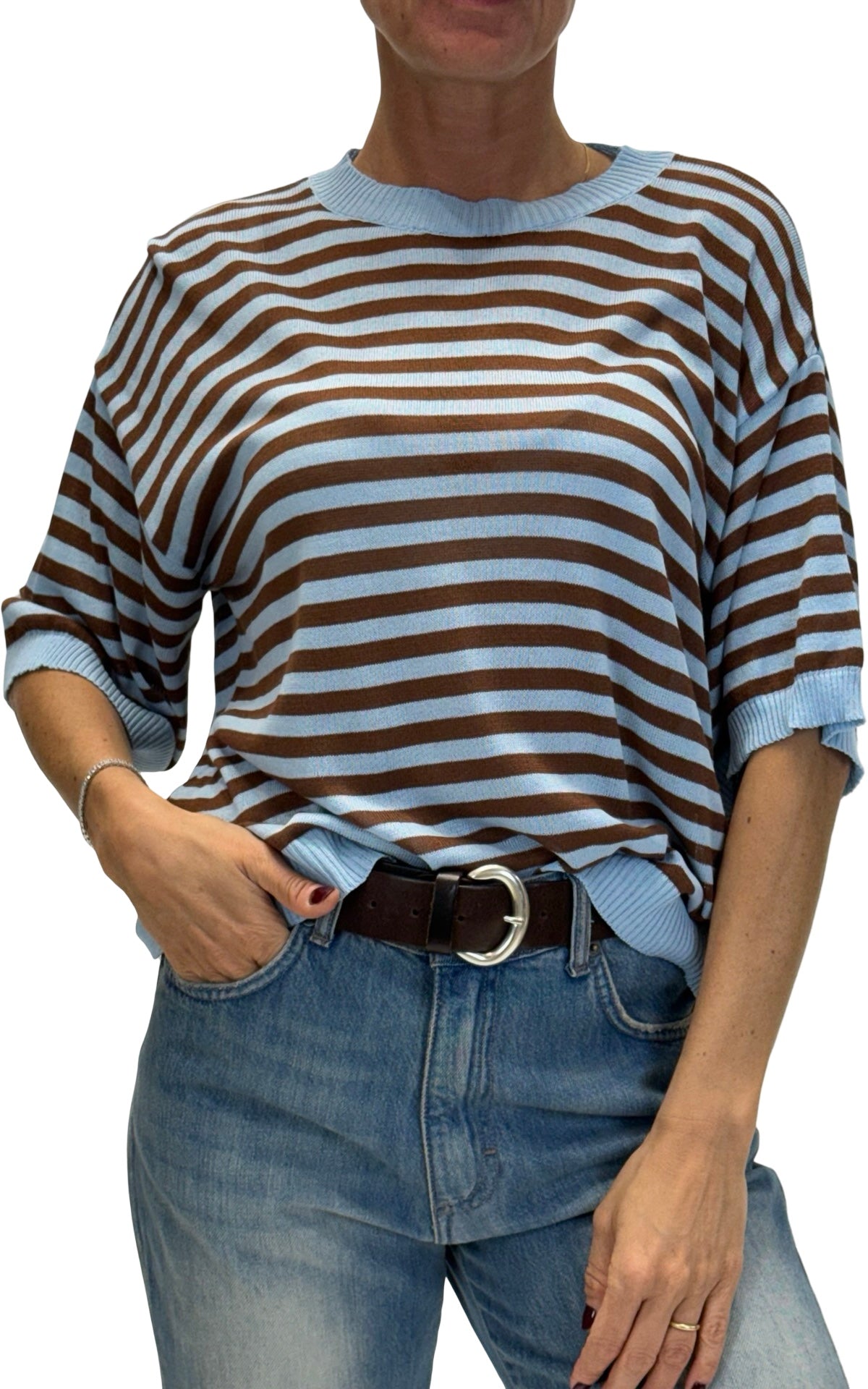 OFF-ON - Maglia a righe - Celeste/Moro