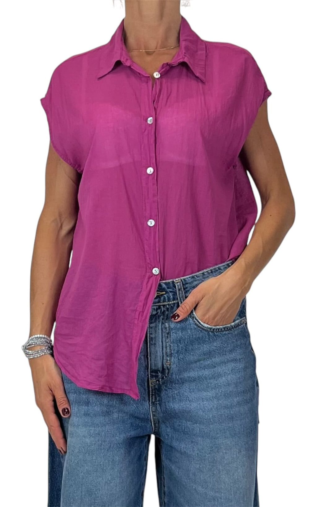 Off-on - Camicia smanicata mussola di cotone - Ciclamino