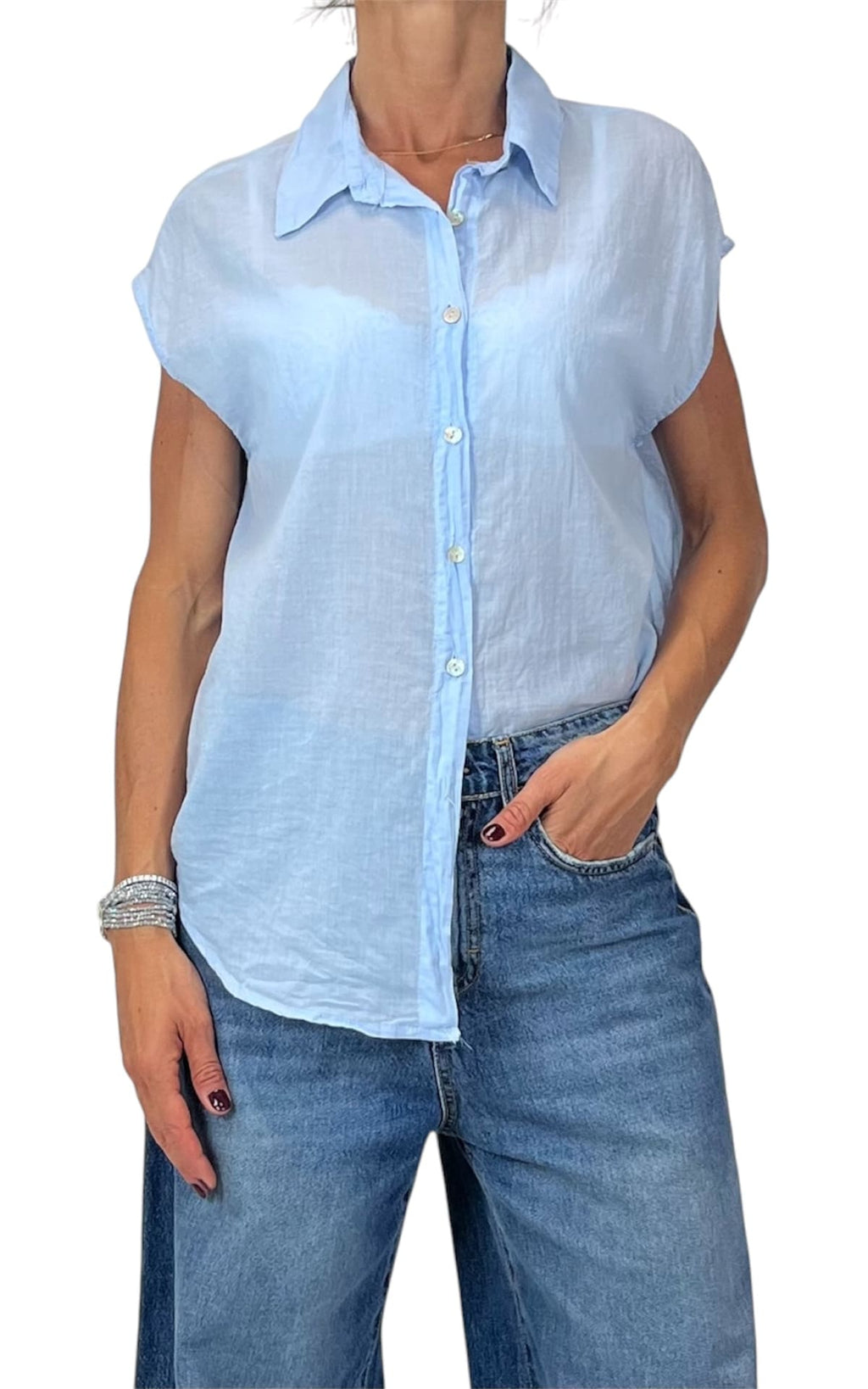 Off-on - Camicia smanicata mussola di cotone - Celeste