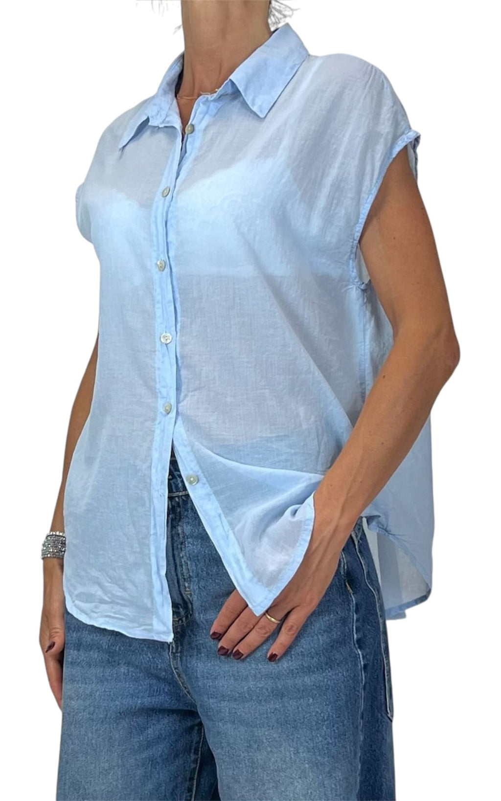 Off-on - Camicia smanicata mussola di cotone - Celeste
