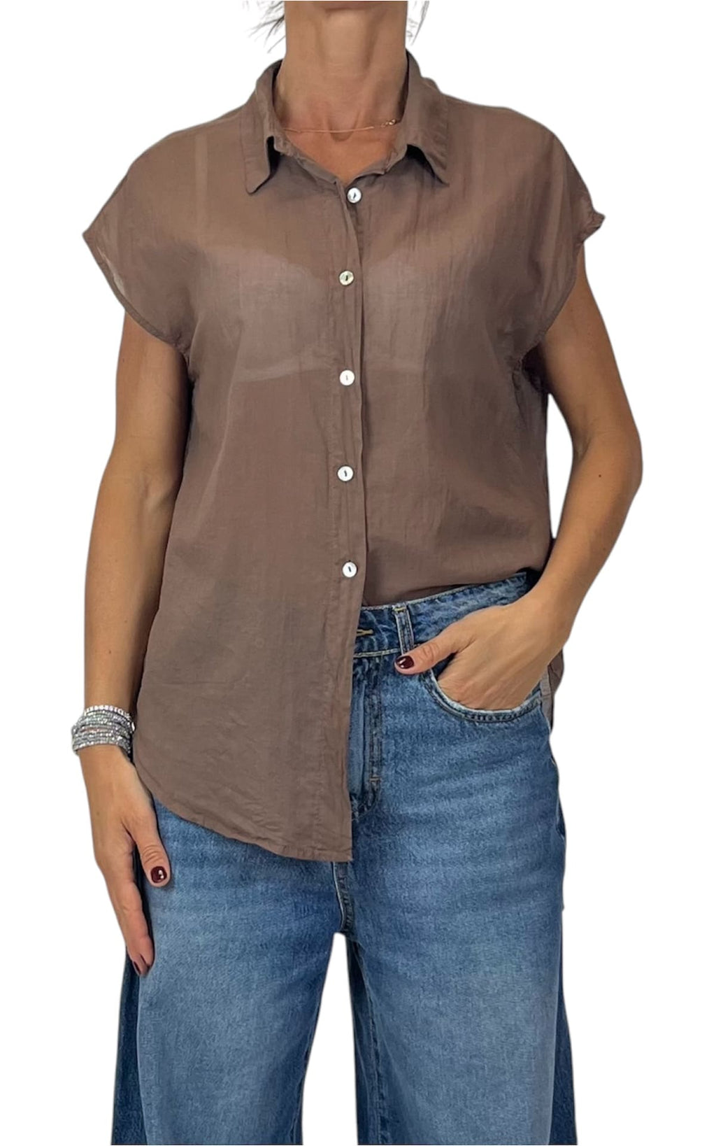 Off-on - Camicia smanicata mussola di cotone - Moro