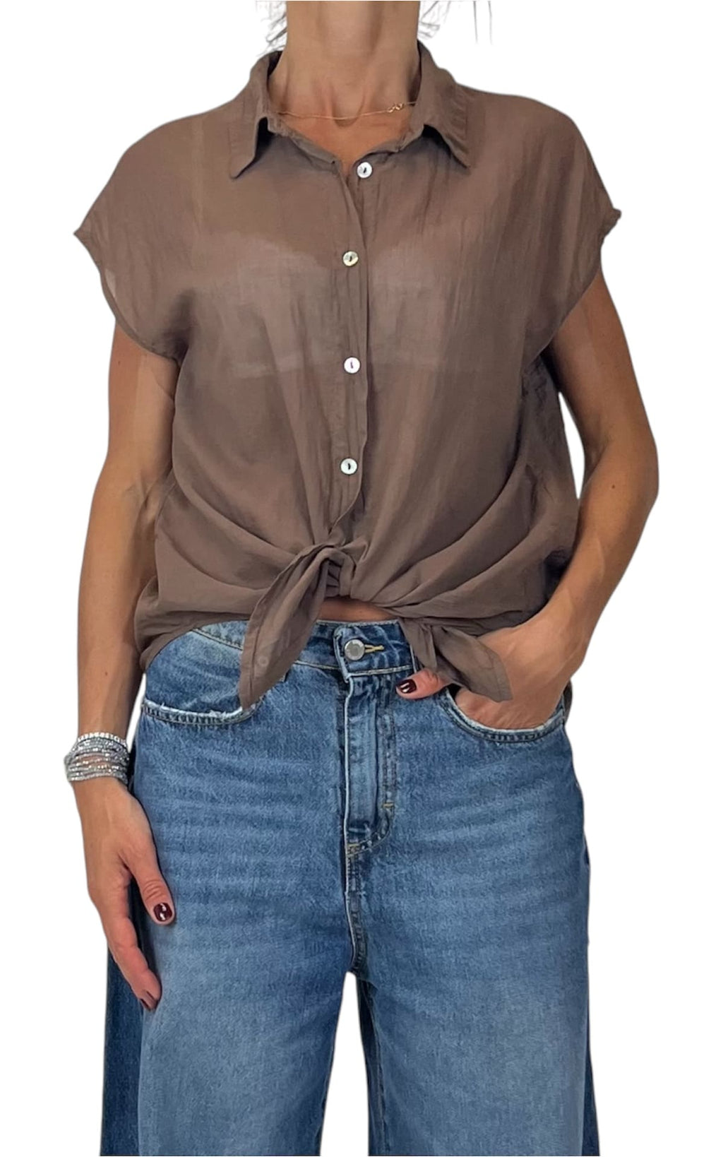 Off-on - Camicia smanicata mussola di cotone - Moro