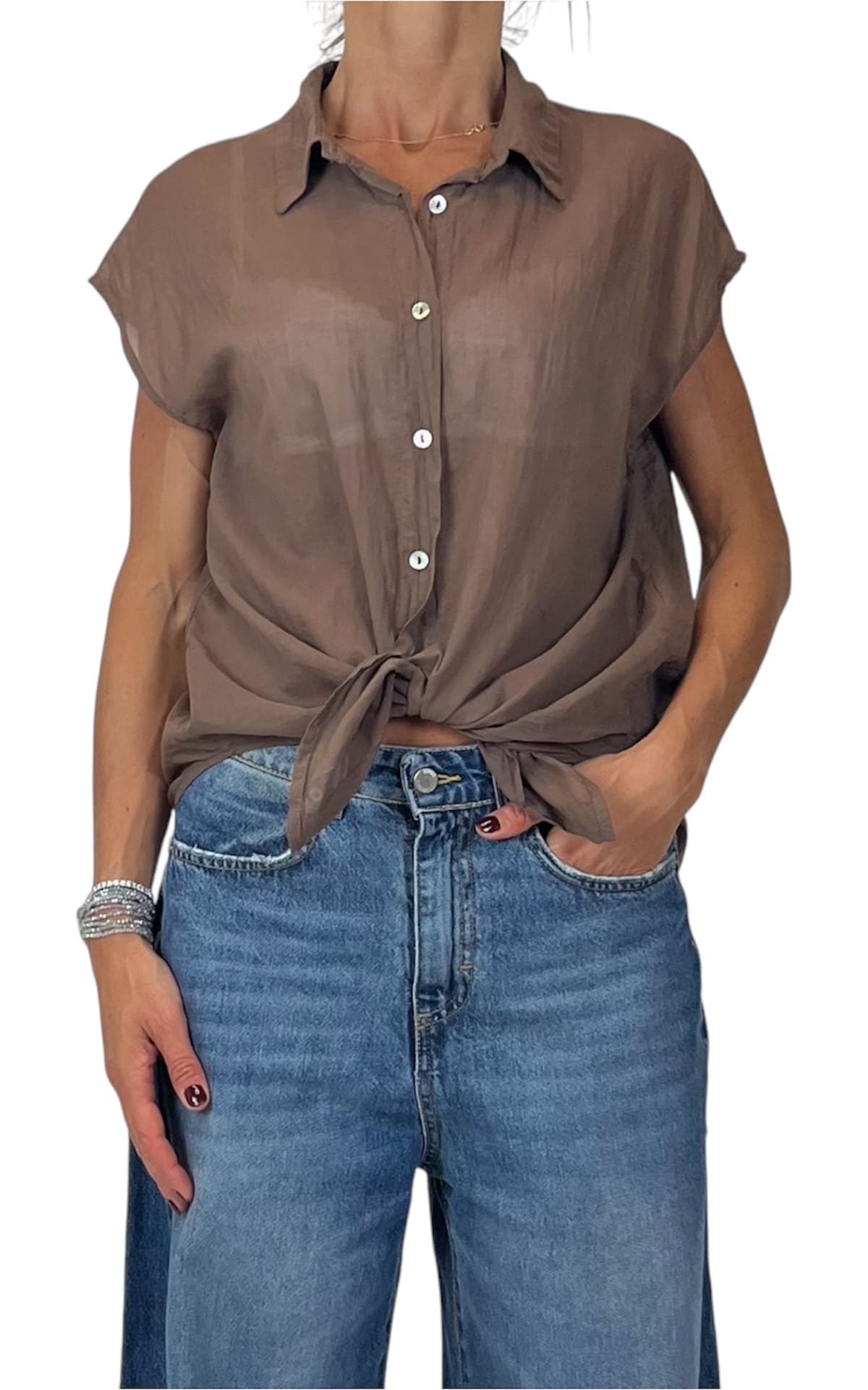 Off-on - Camicia smanicata mussola di cotone - Moro
