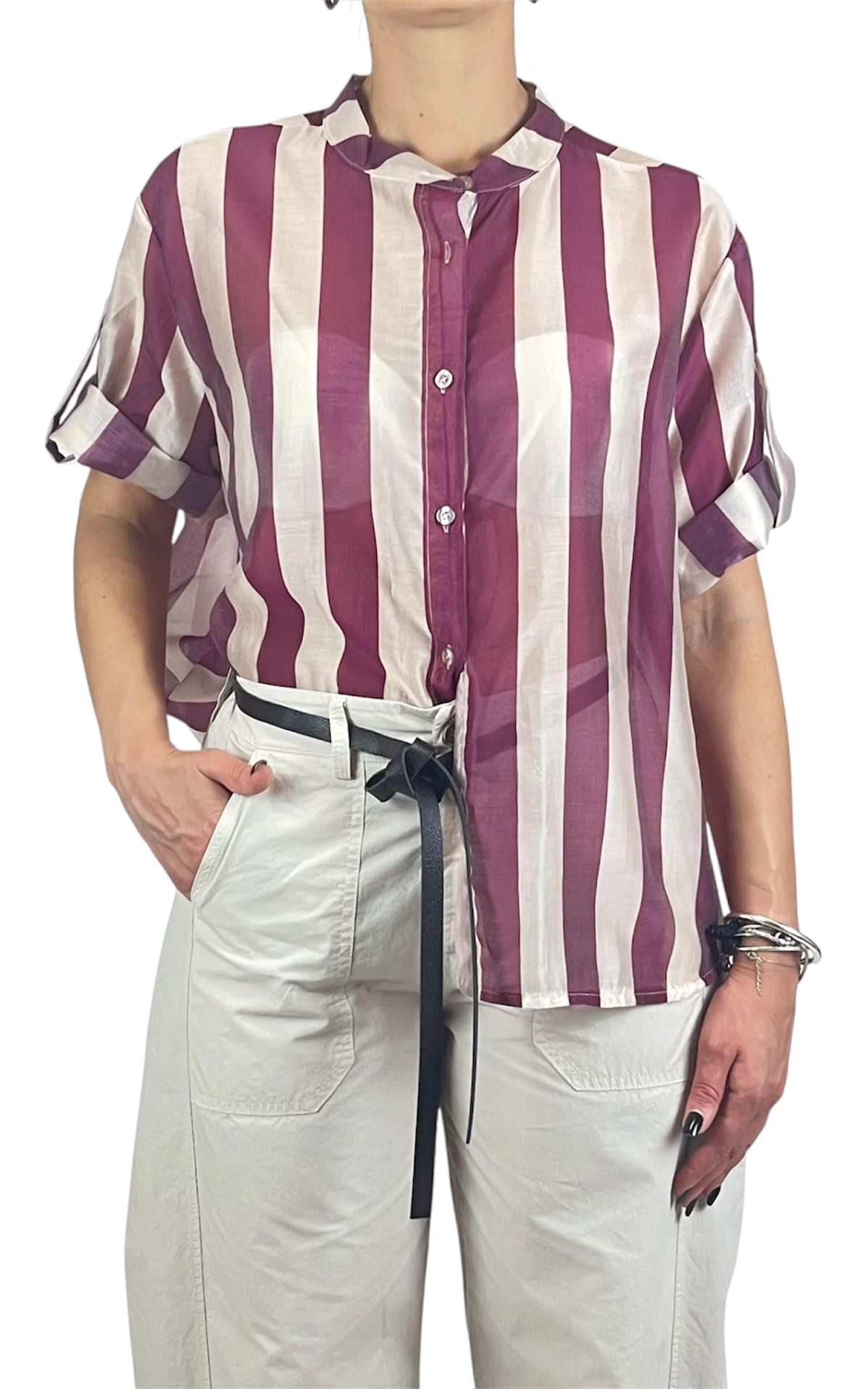 Off-on - Camicia riga in tencel - Fico / Burro