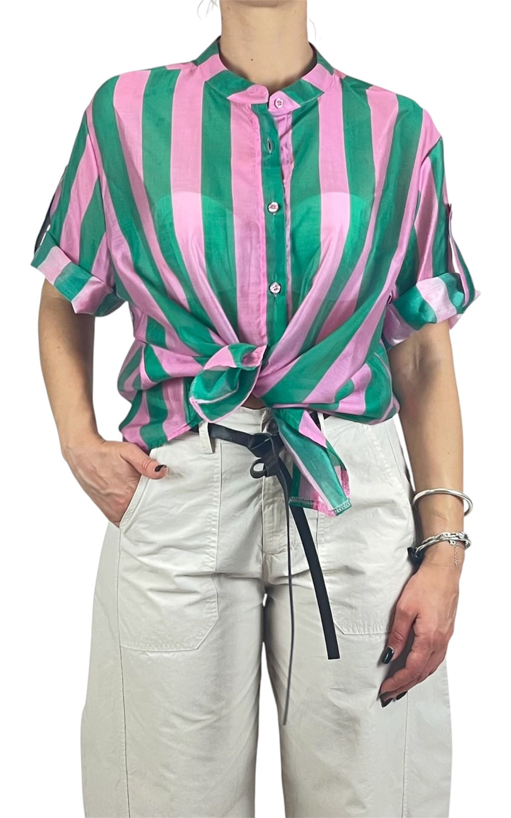 Off-on - Camicia riga in tencel - Rosa / Verde