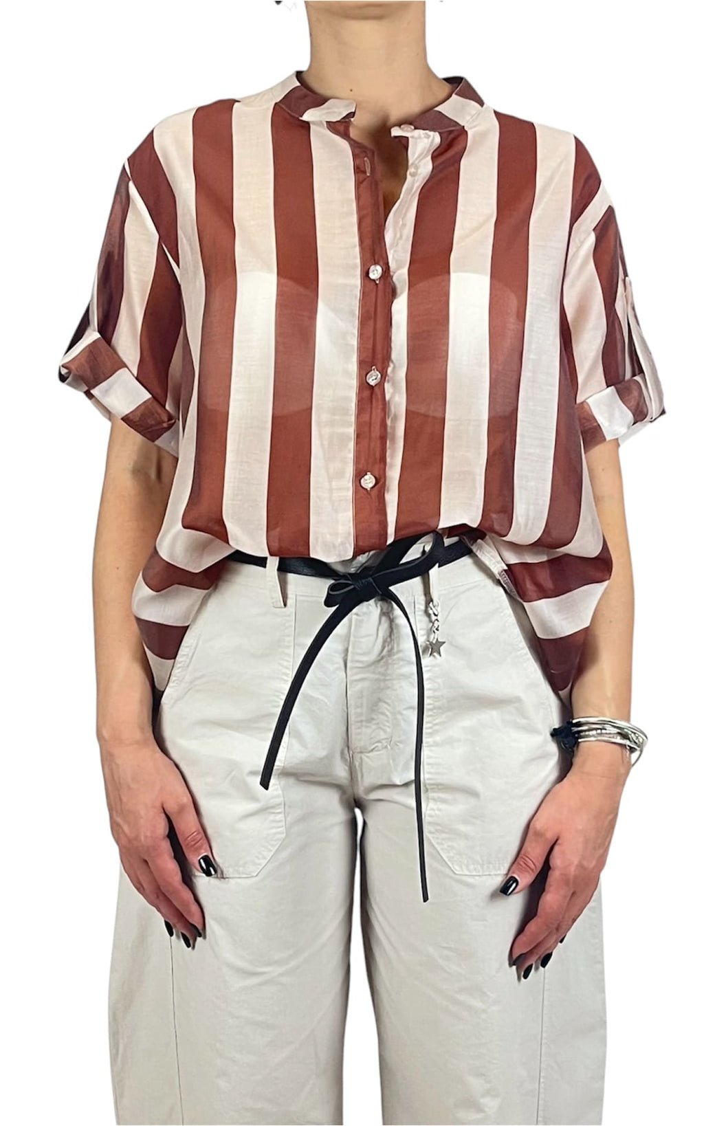 Off-on - Camicia riga in tencel - Bruciato / Burro