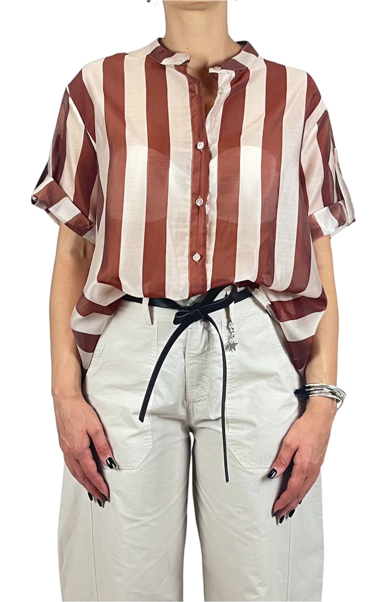 Off-on - Camicia riga in tencel - Bruciato / Burro