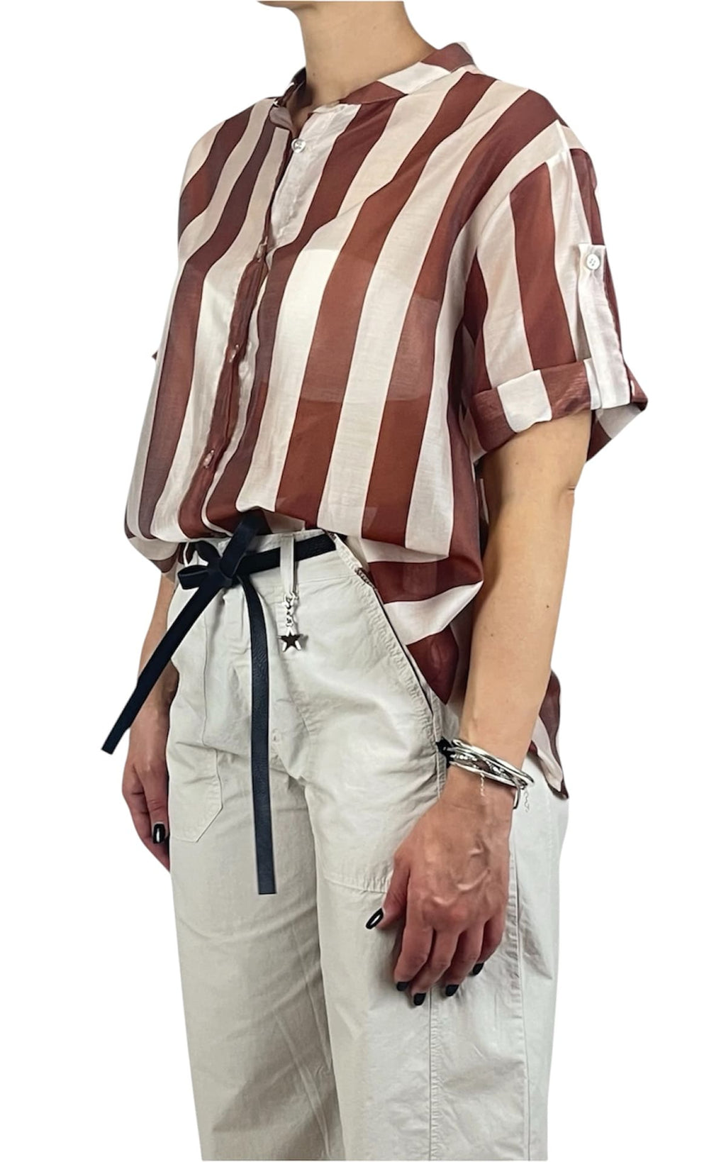 Off-on - Camicia riga in tencel - Bruciato / Burro