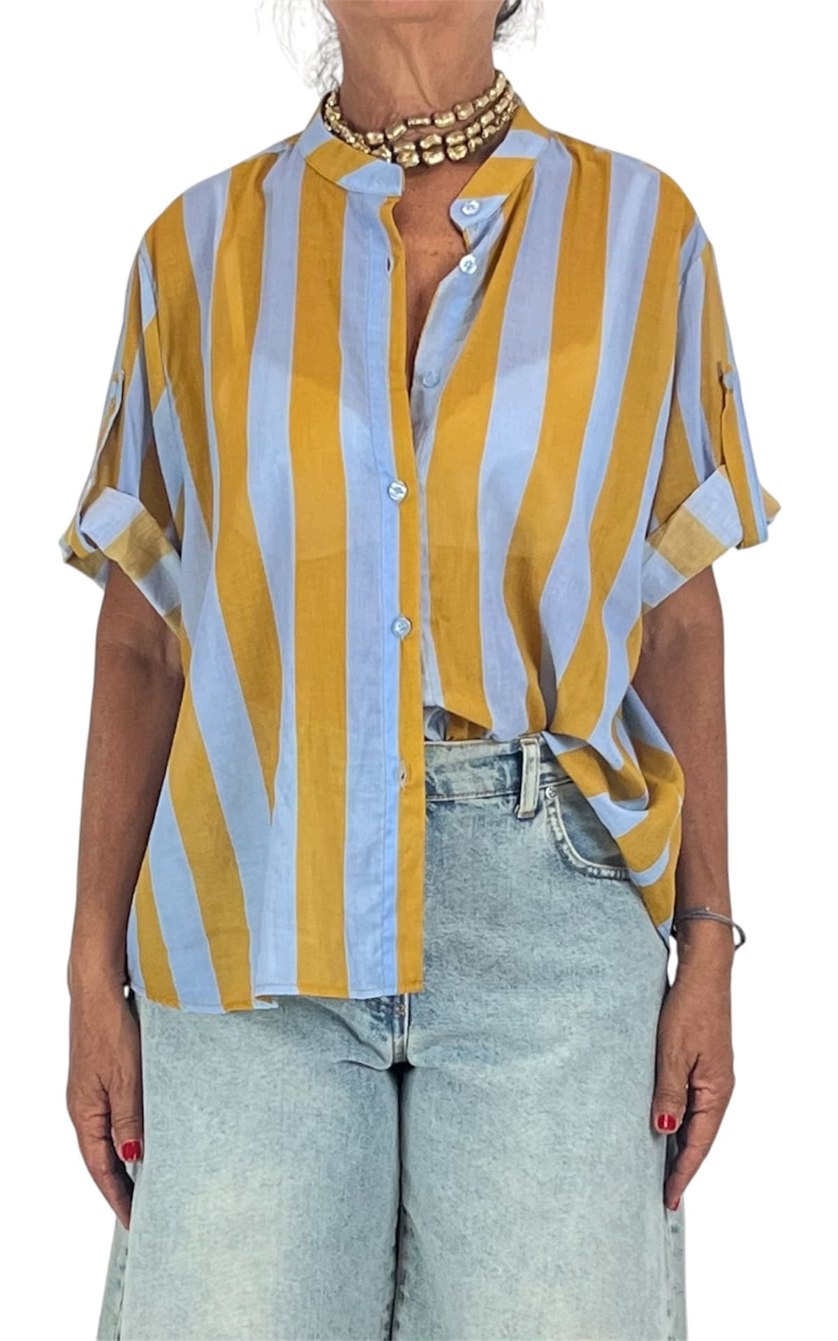 Off-on - Camicia mussola riga - Giallo / celeste