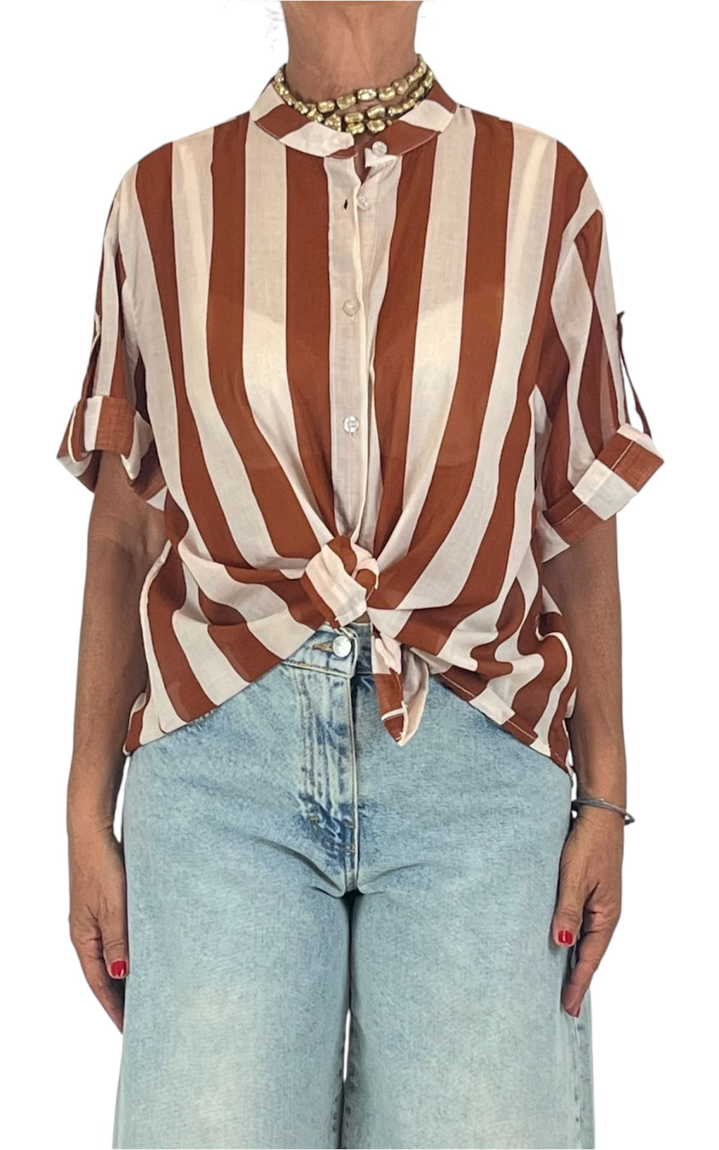 Off-on - Camicia mussola riga - Coccio / burro