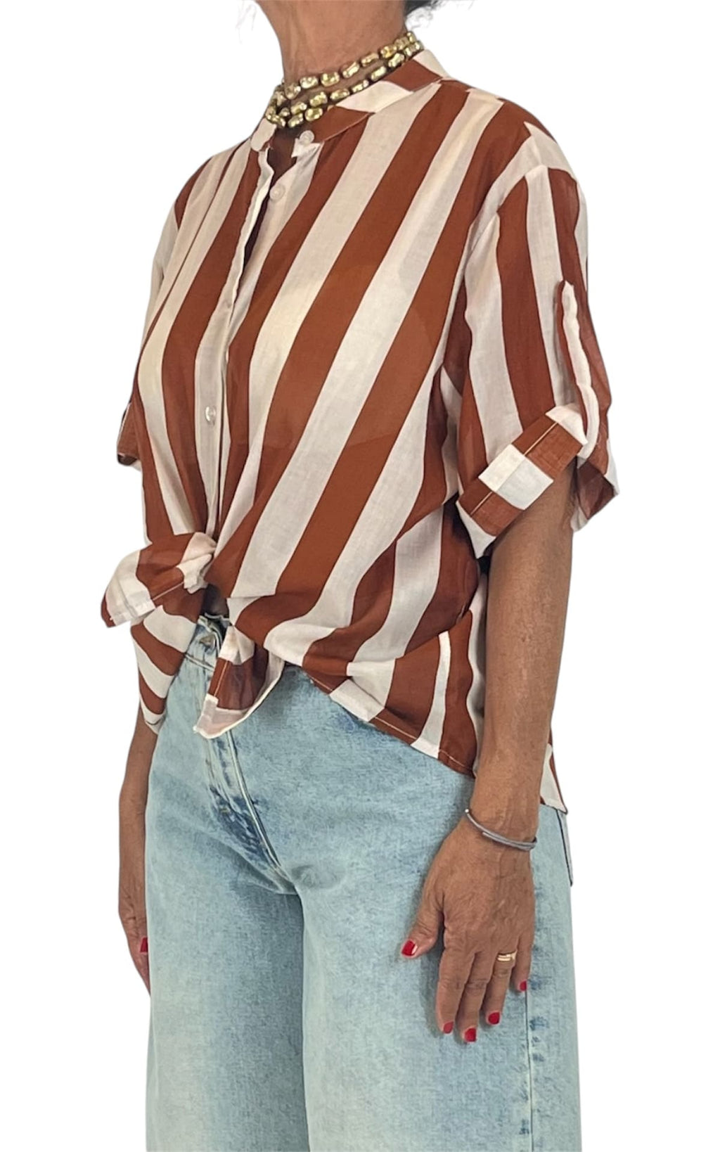 Off-on - Camicia mussola riga - Coccio / burro