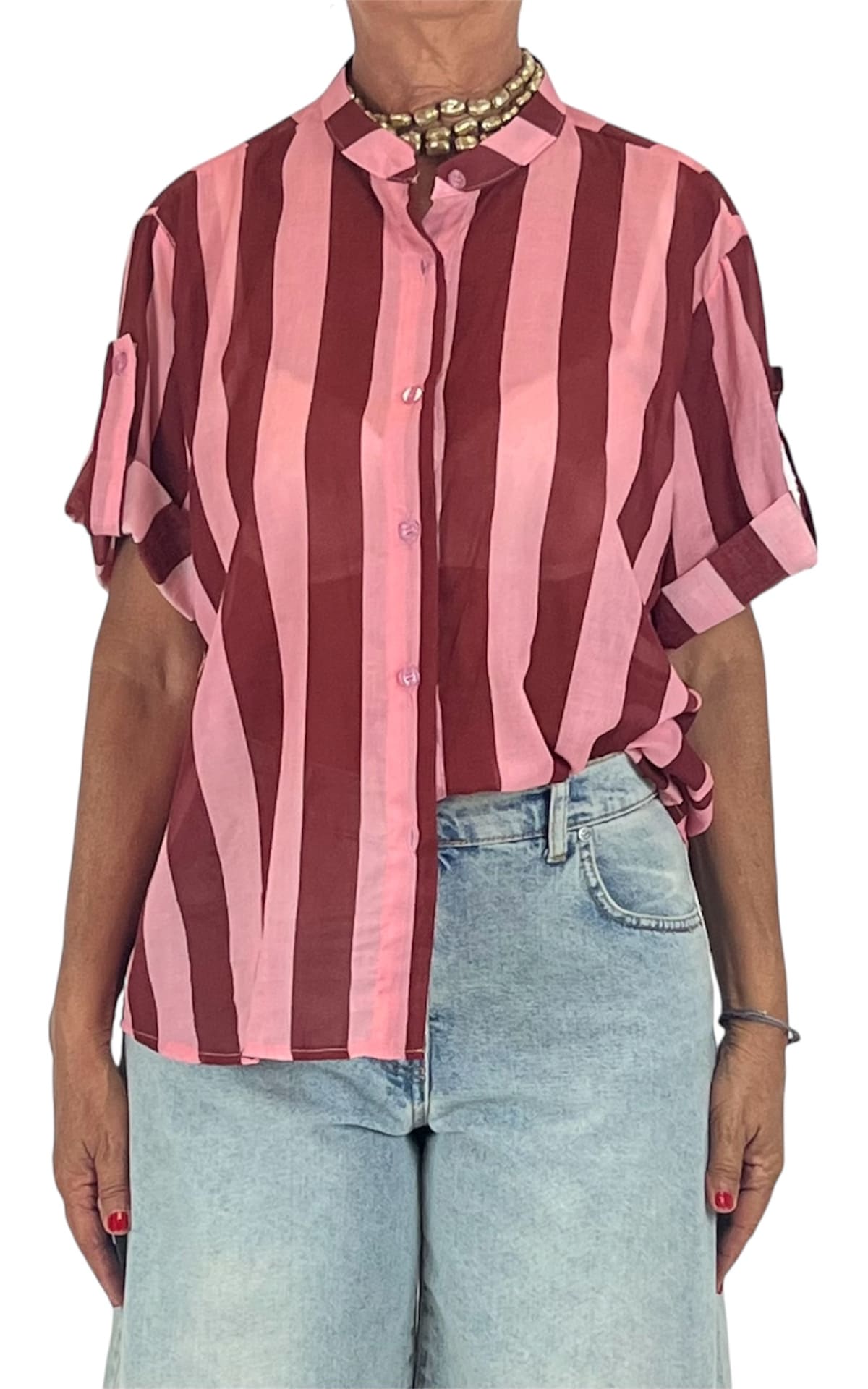 Off-on - Camicia mussola riga - Fico / rosa