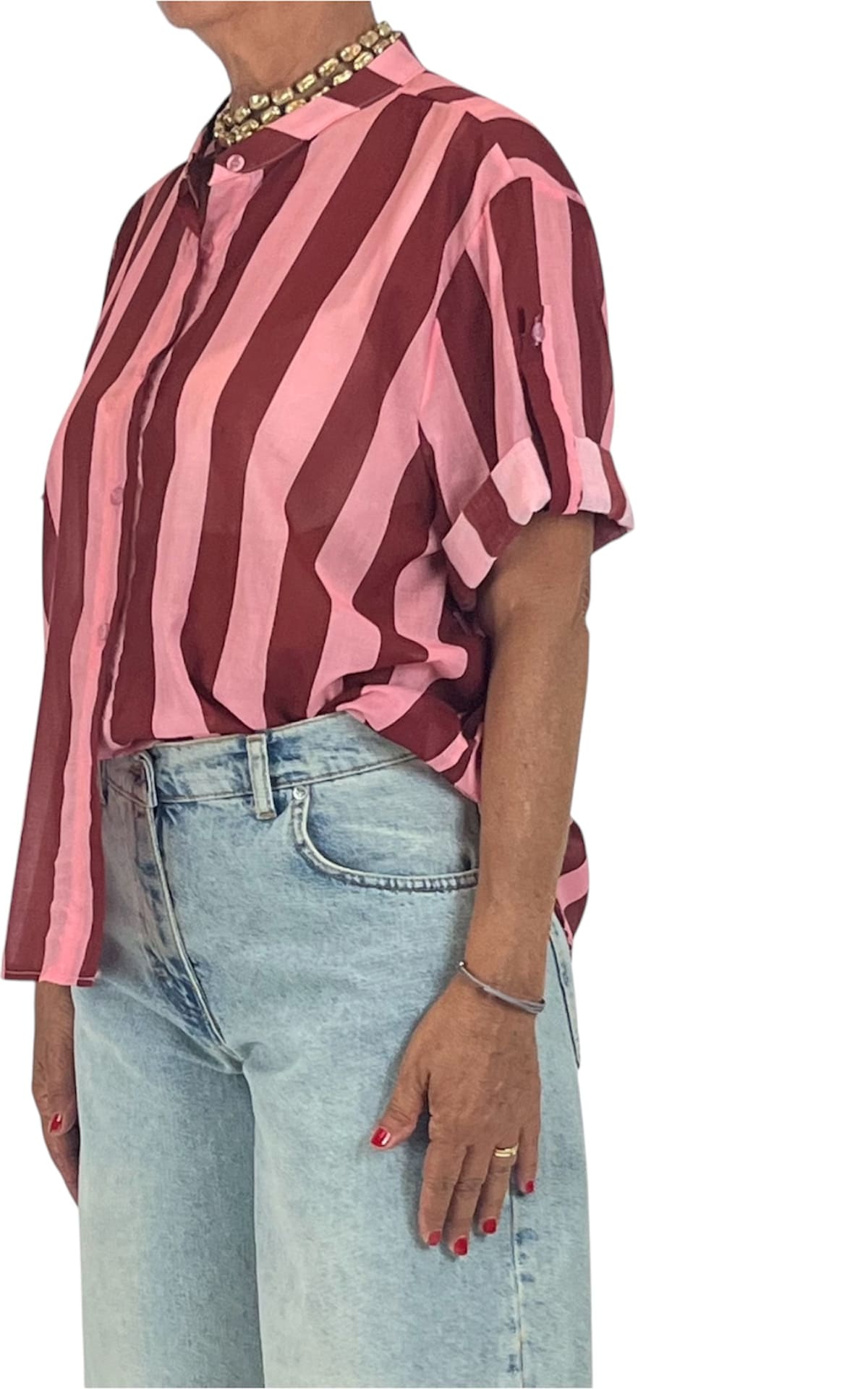 Off-on - Camicia mussola riga - Fico / rosa