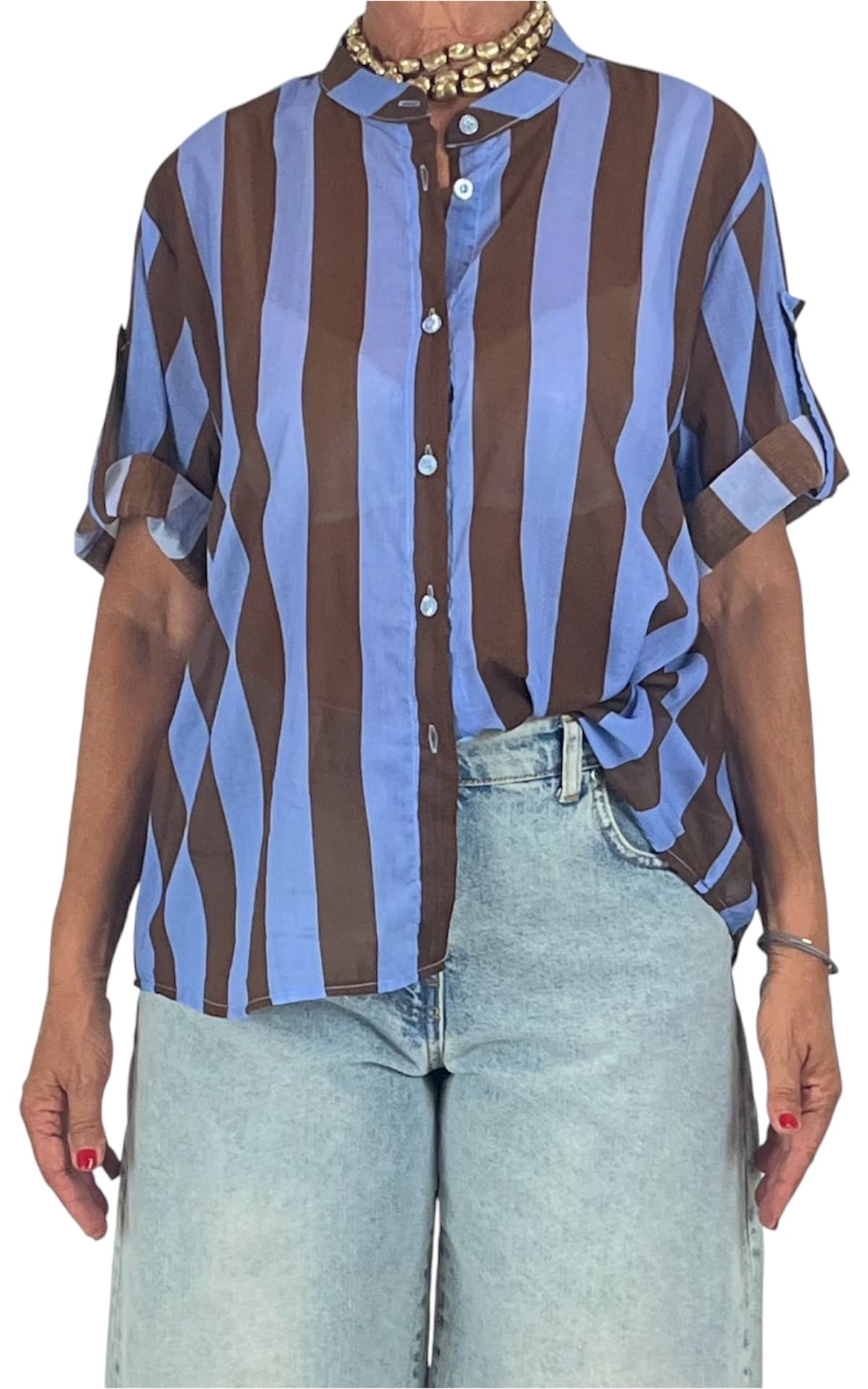 Off-on - Camicia mussola riga - Azzurro / moka