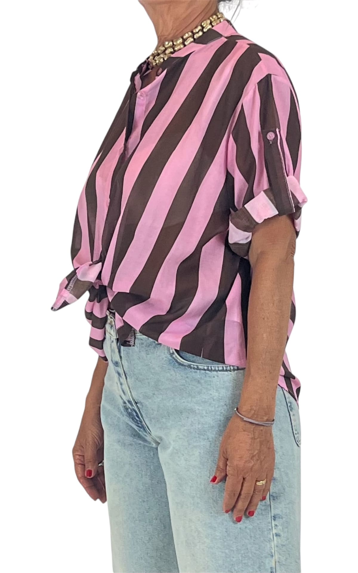Off-on - Camicia mussola riga - Rosa / moka