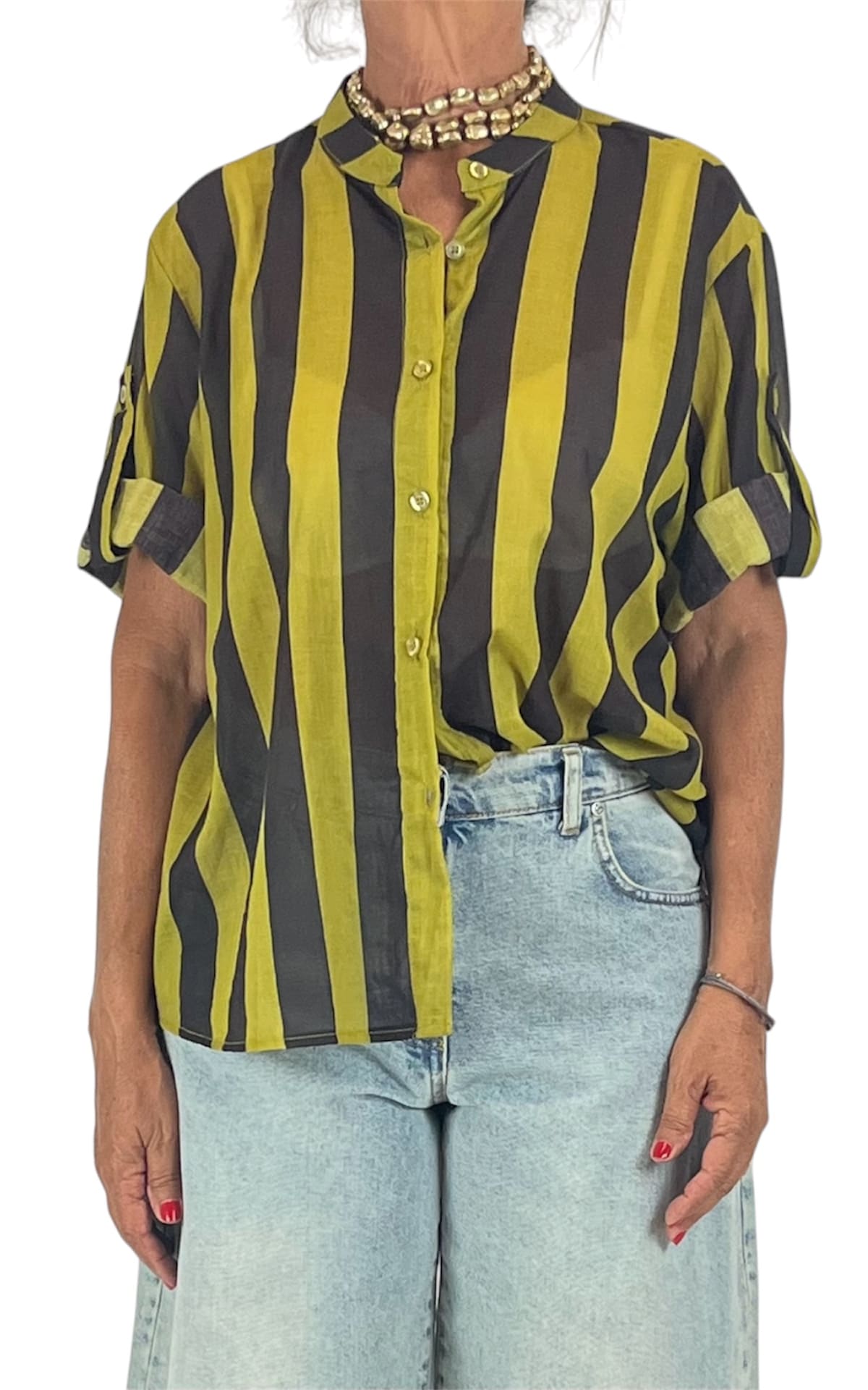 Off-on - Camicia mussola riga - Pistacchio / moka