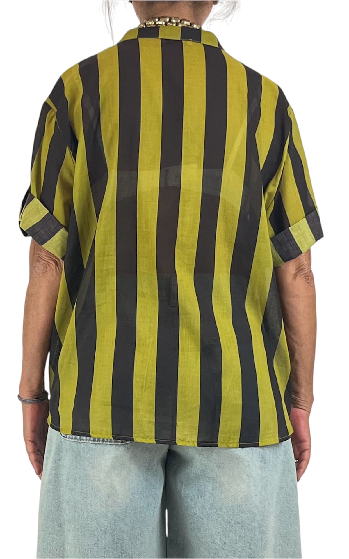 Off-on - Camicia mussola riga - Pistacchio / moka