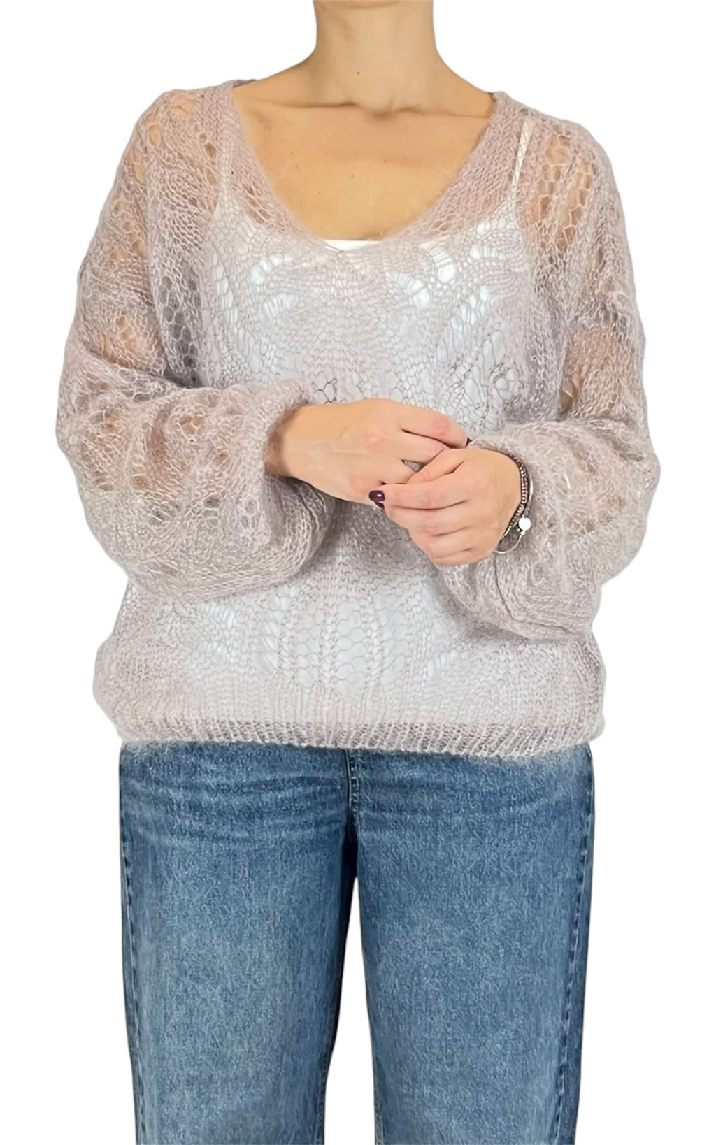 Off-on - Maglia traforata scollo V - Beige