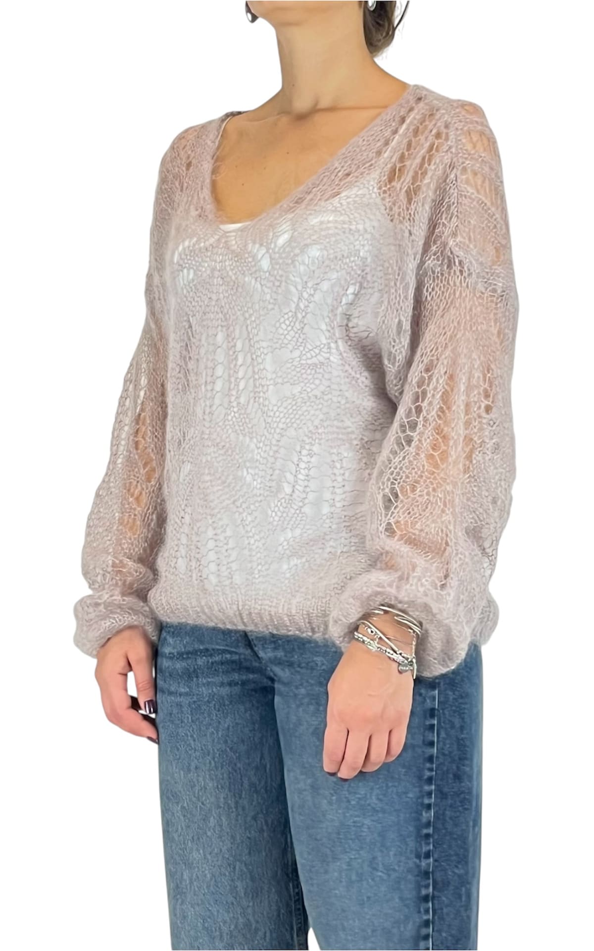 Off-on - Maglia traforata scollo V - Beige