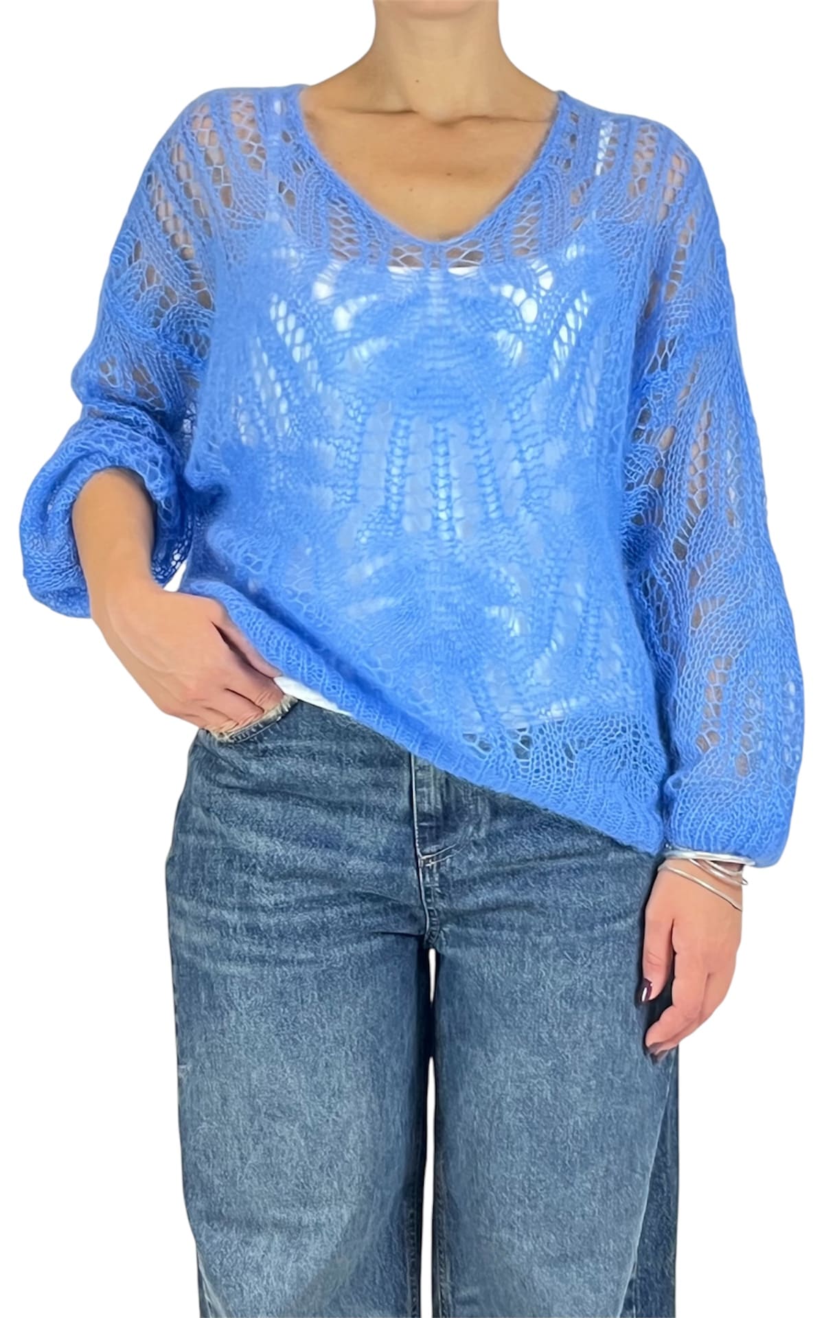 Off-on - Maglia traforata scollo V - Azzurro