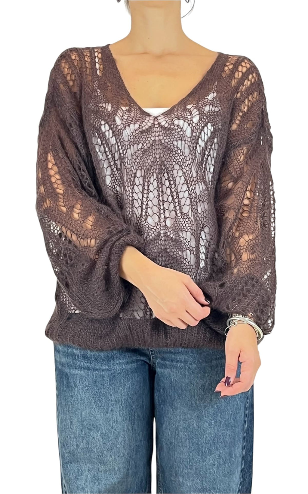 Off-on - Maglia traforata scollo V - Moro