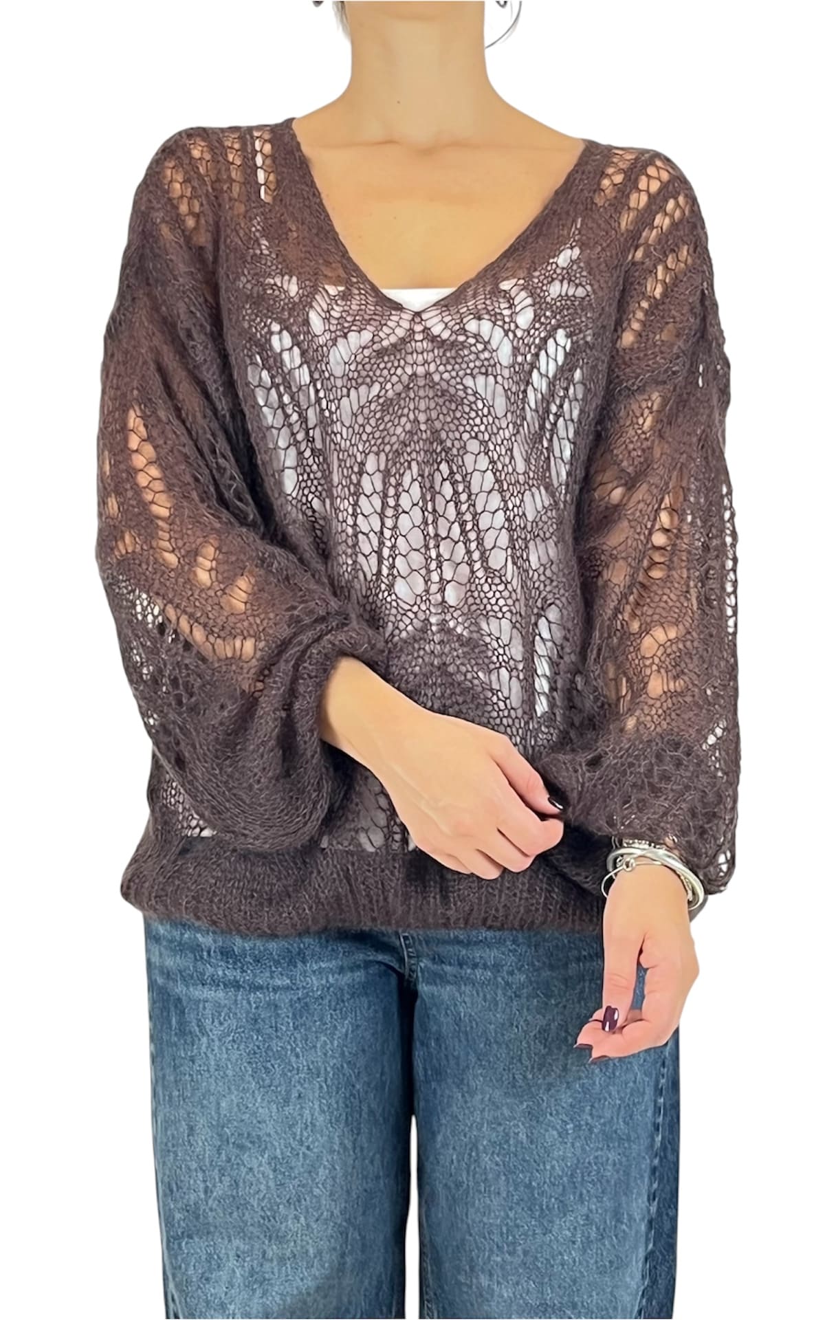 Off-on - Maglia traforata scollo V - Moro