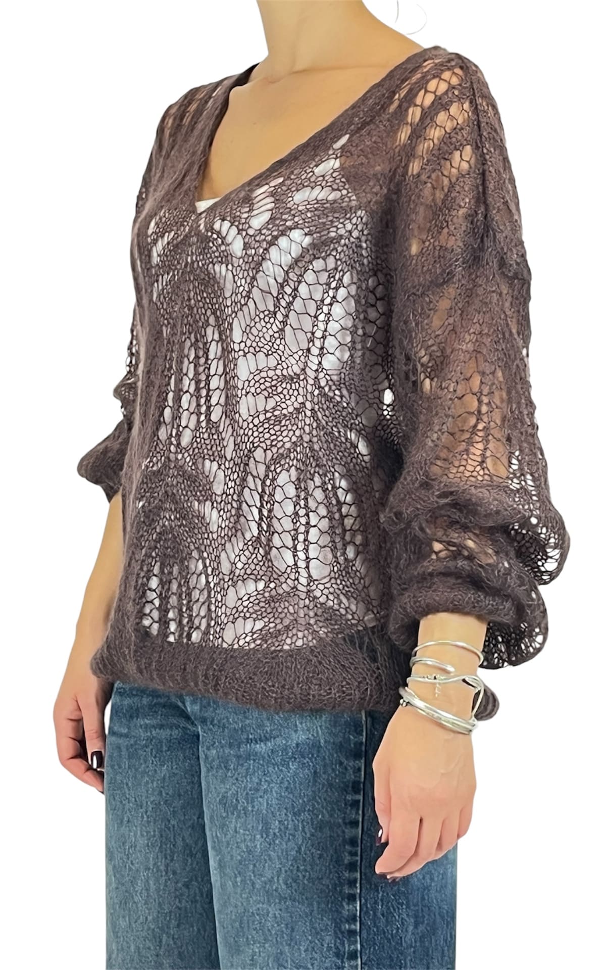 Off-on - Maglia traforata scollo V - Moro