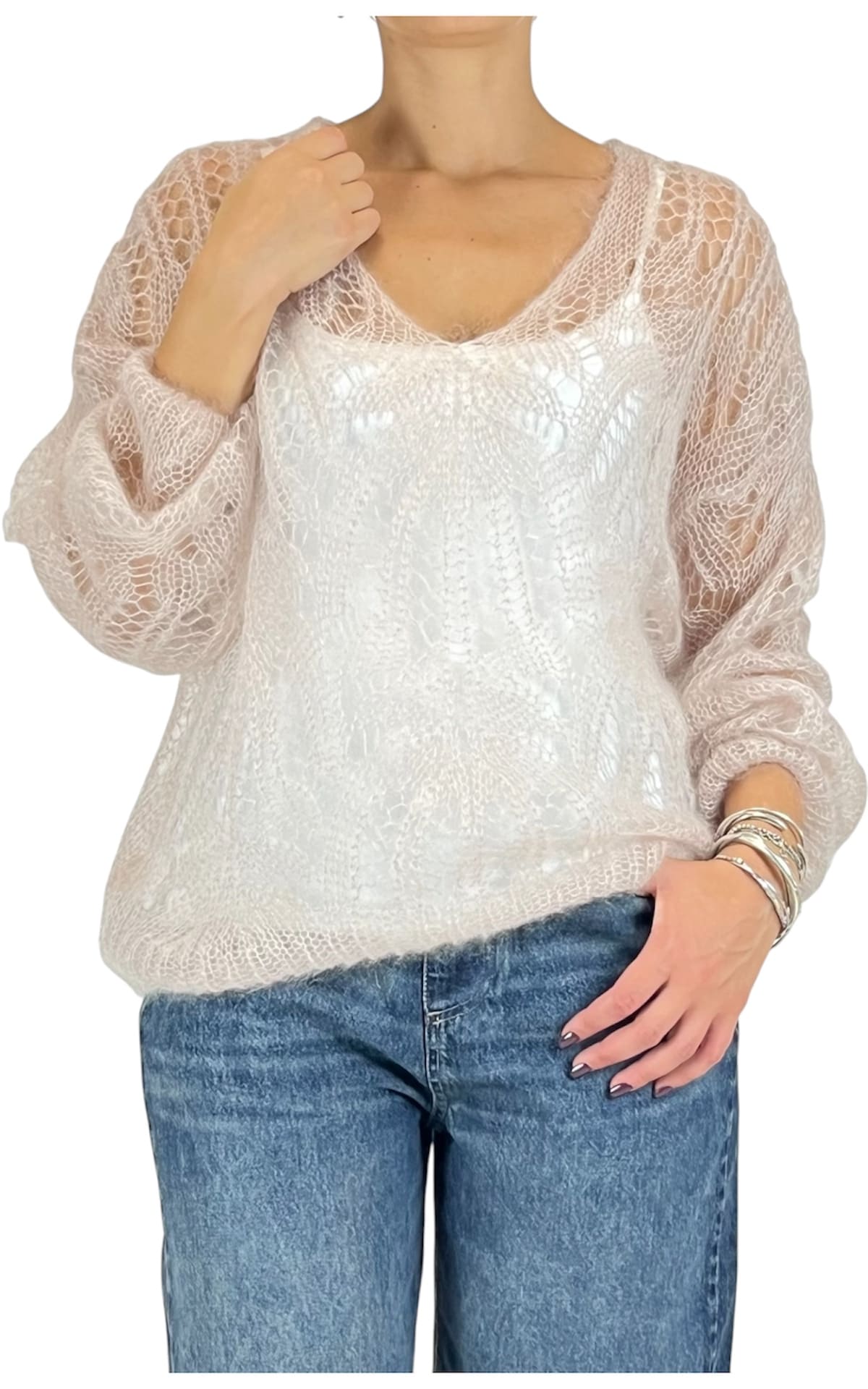 Off-on - Maglia traforata scollo V - Avorio