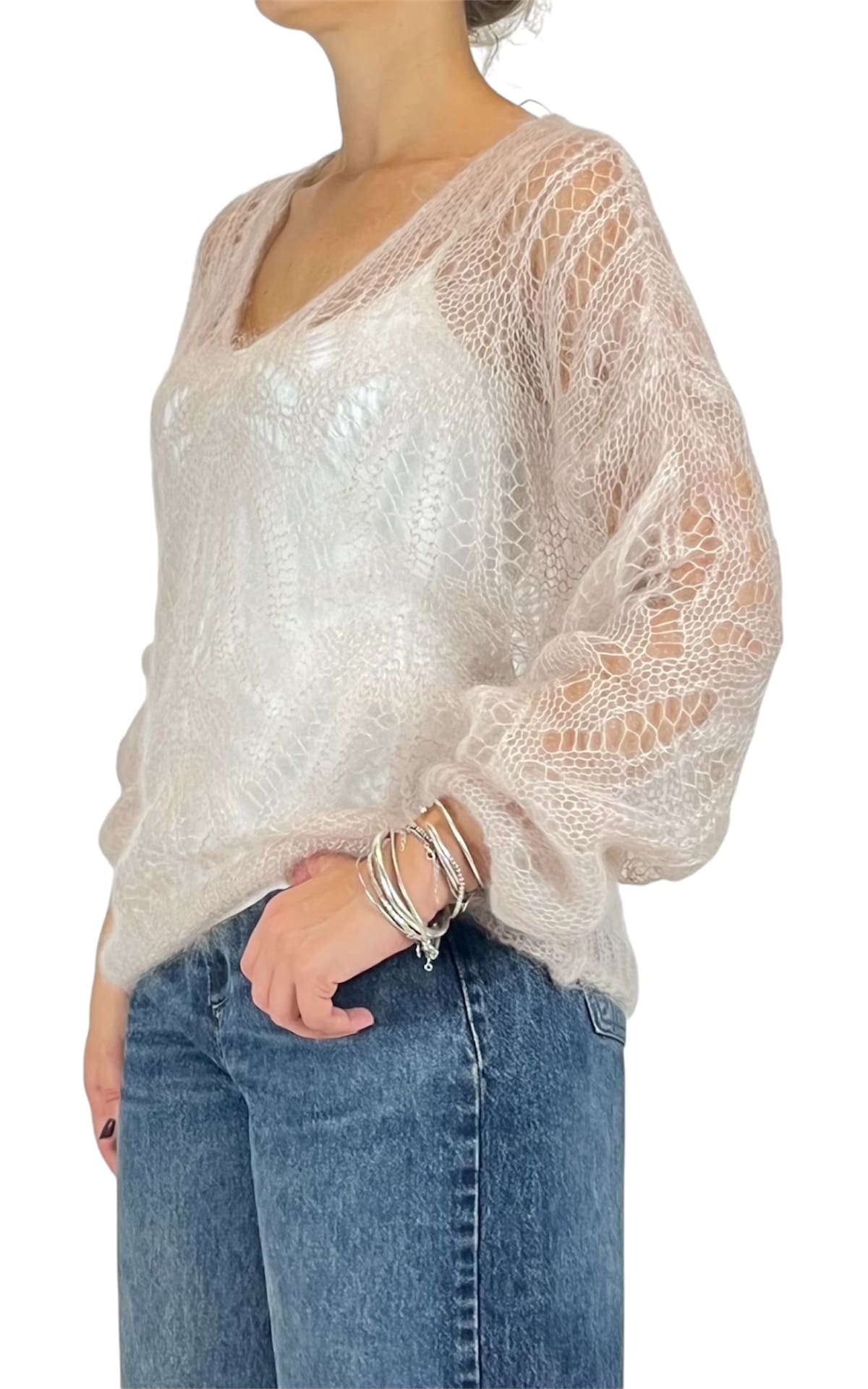 Off-on - Maglia traforata scollo V - Avorio