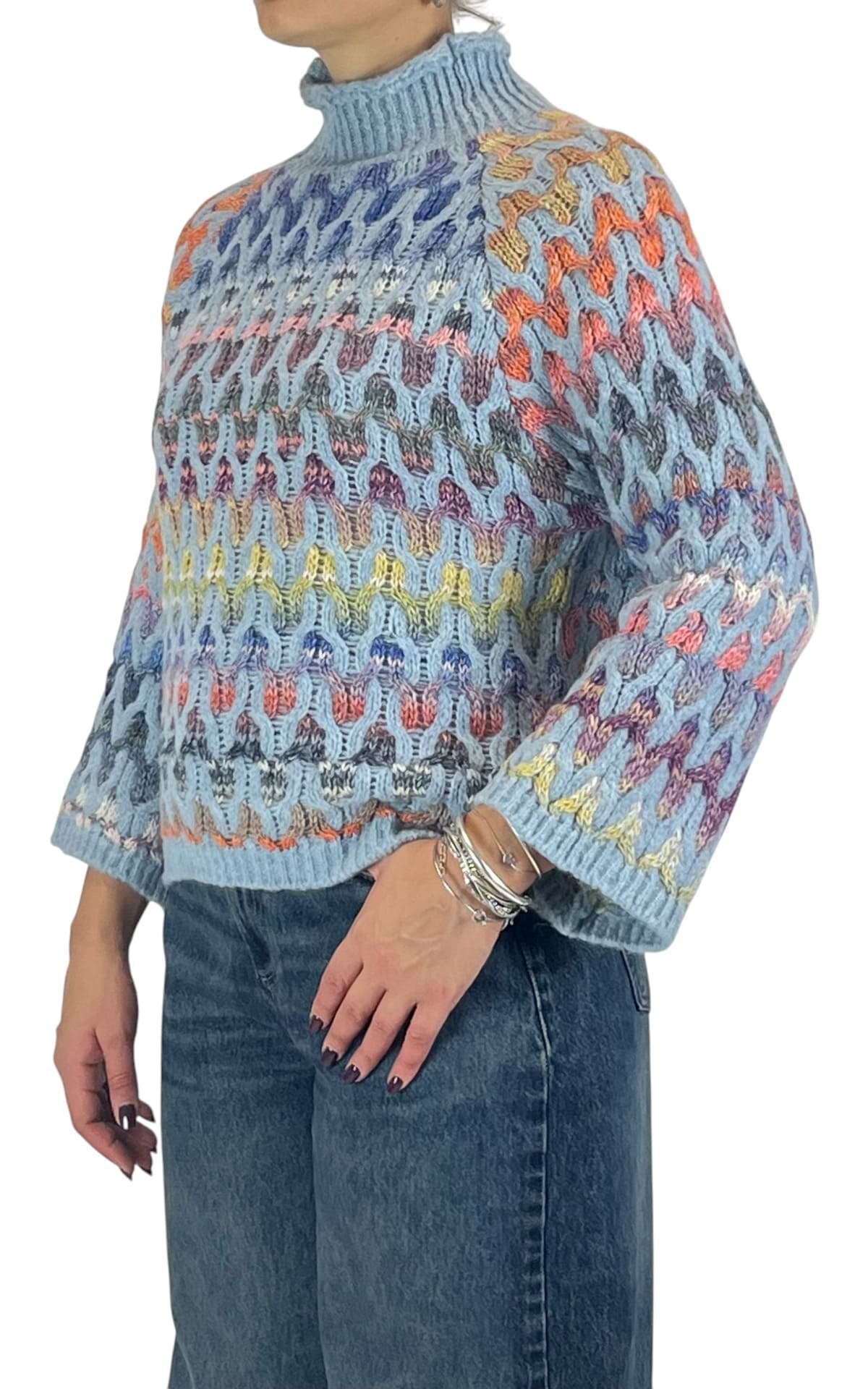 Flaminia G - Maglia intarsi multicolor - Celeste