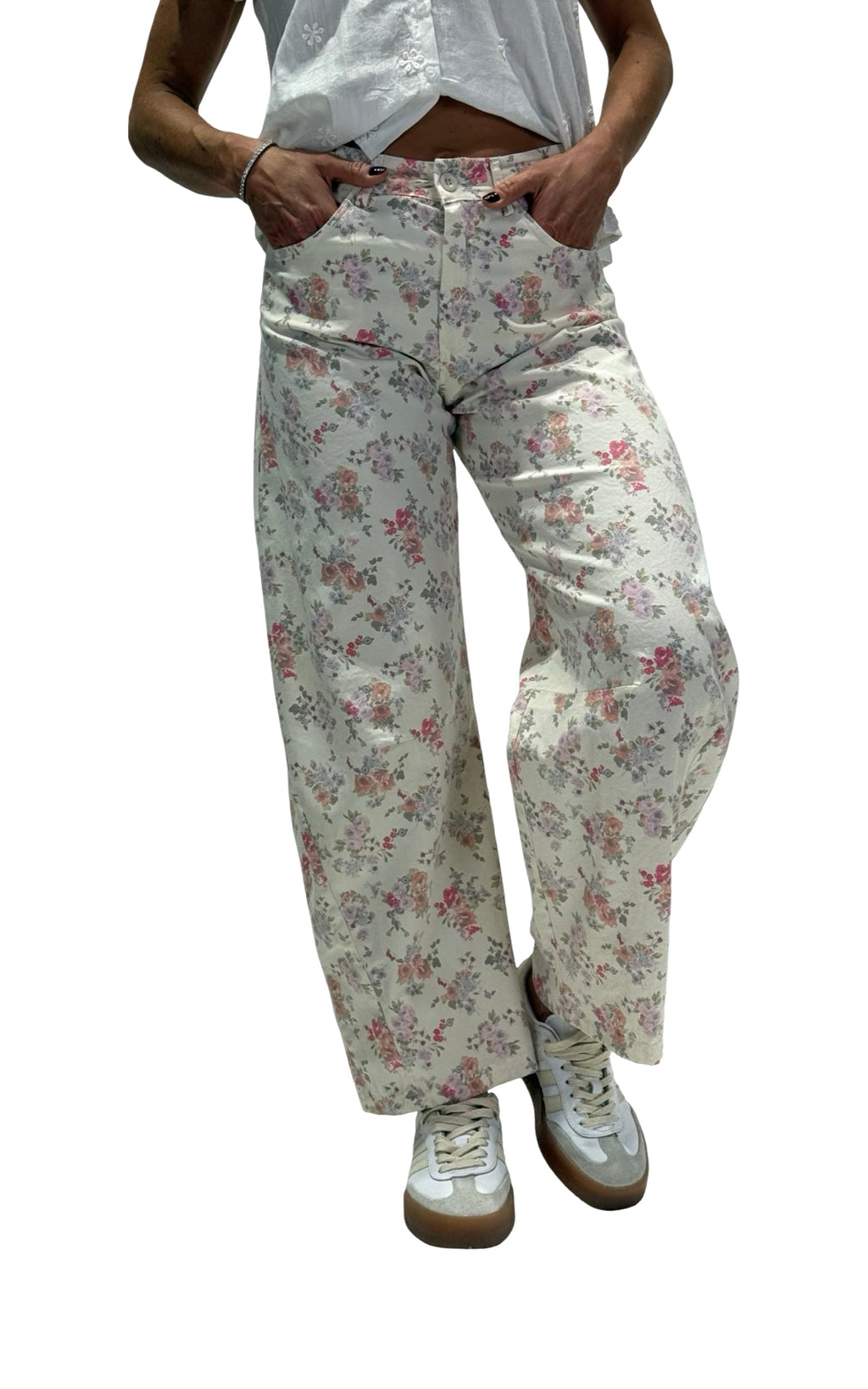 OFF-ON - Pantalone barrel floreale - Panna