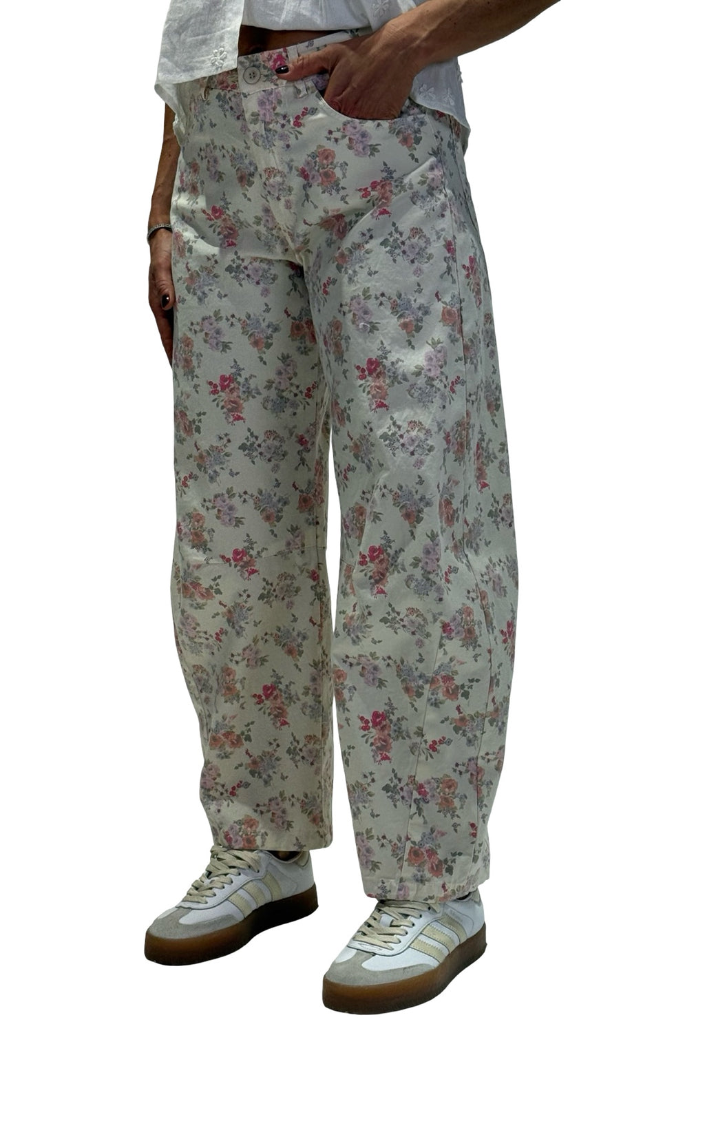 OFF-ON - Pantalone barrel floreale - Panna