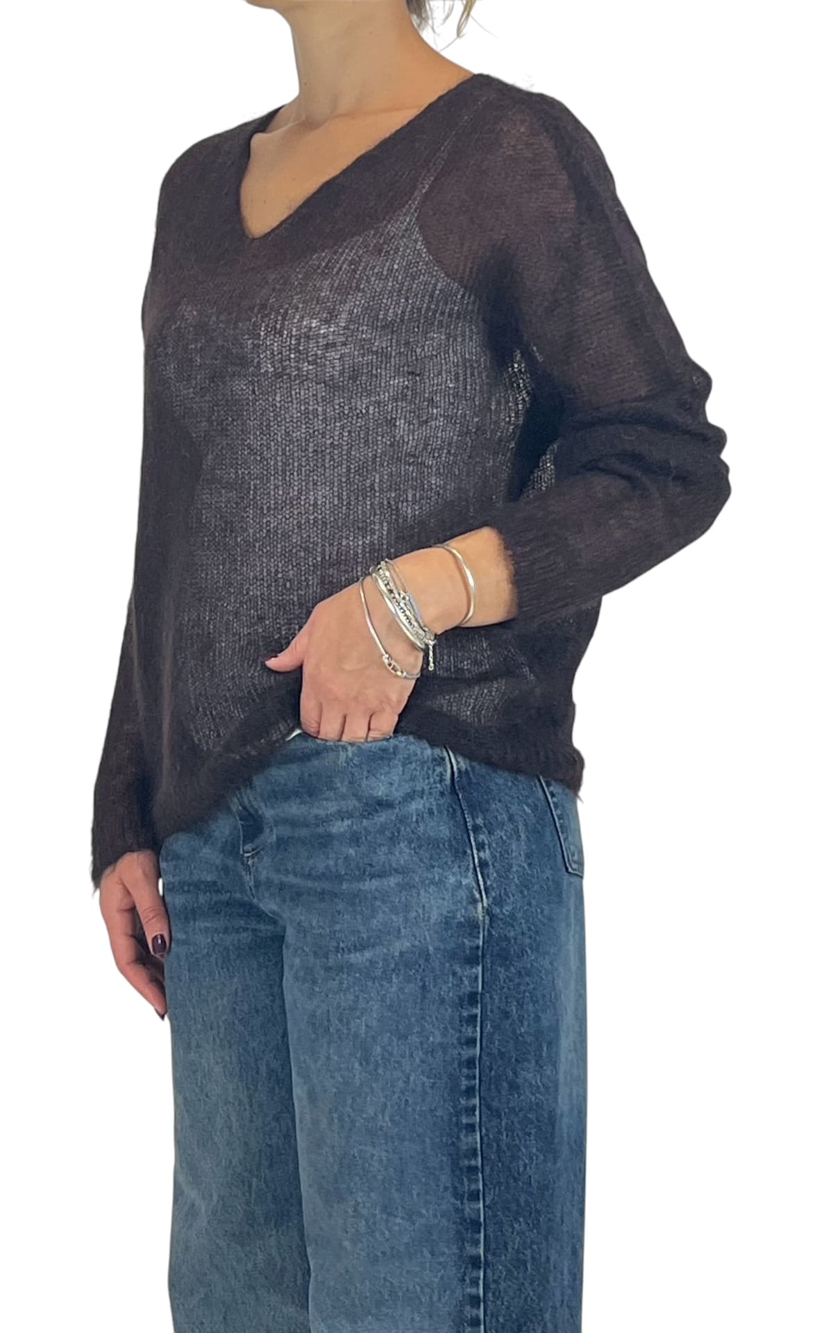 Initial - Maglia mohair scollo a V - Moro