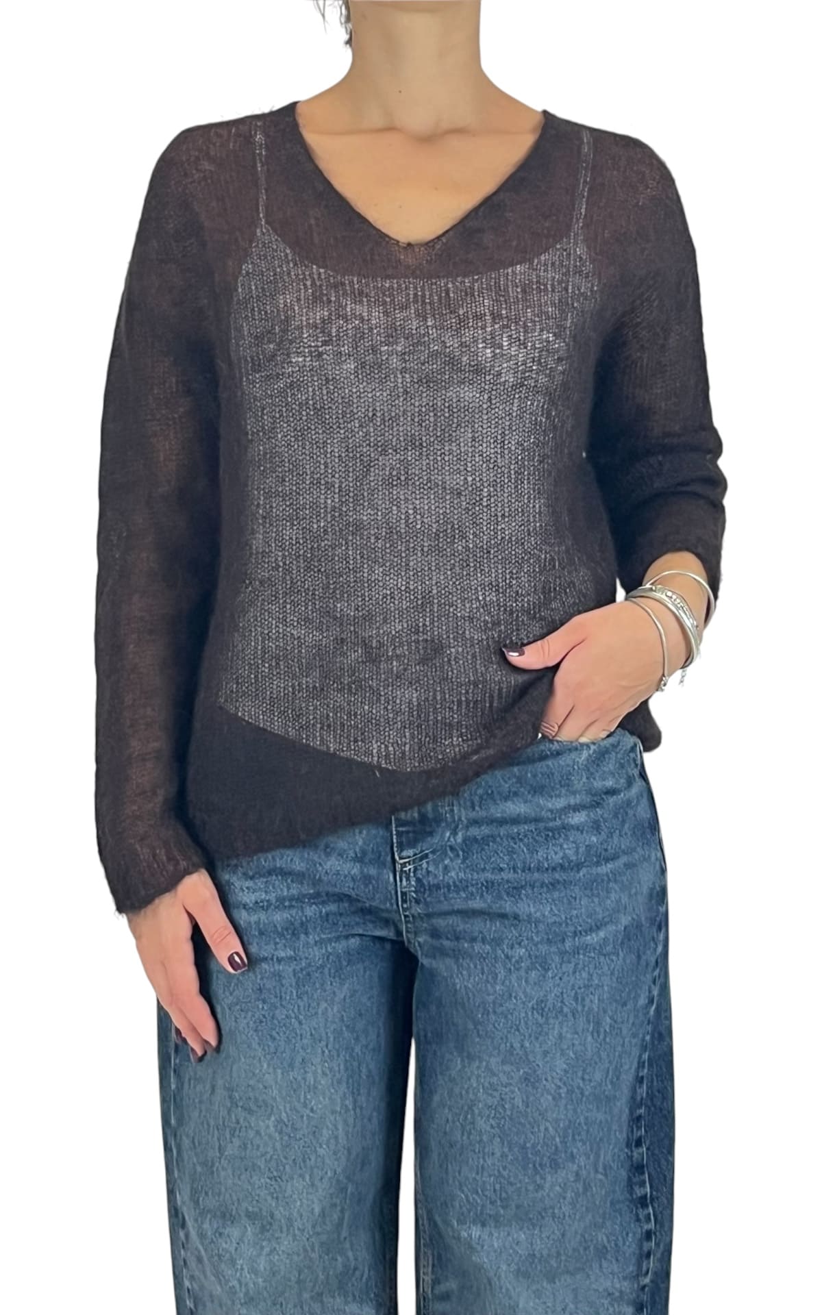 Initial - Maglia mohair scollo a V - Moro