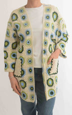 Initial - Cardigan midi macramè - Burro/olio/celeste