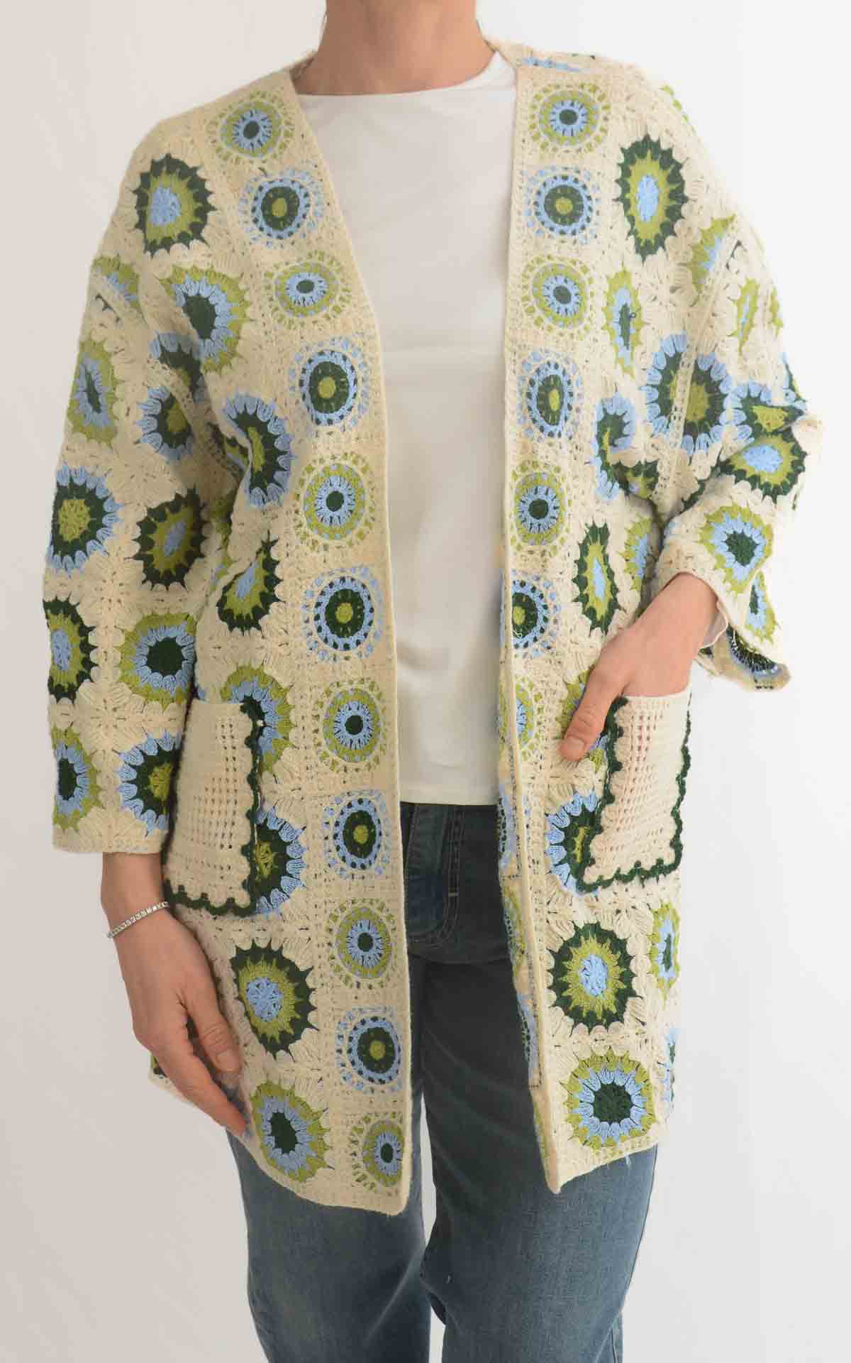 Initial - Cardigan midi macramè - Burro/olio/celeste