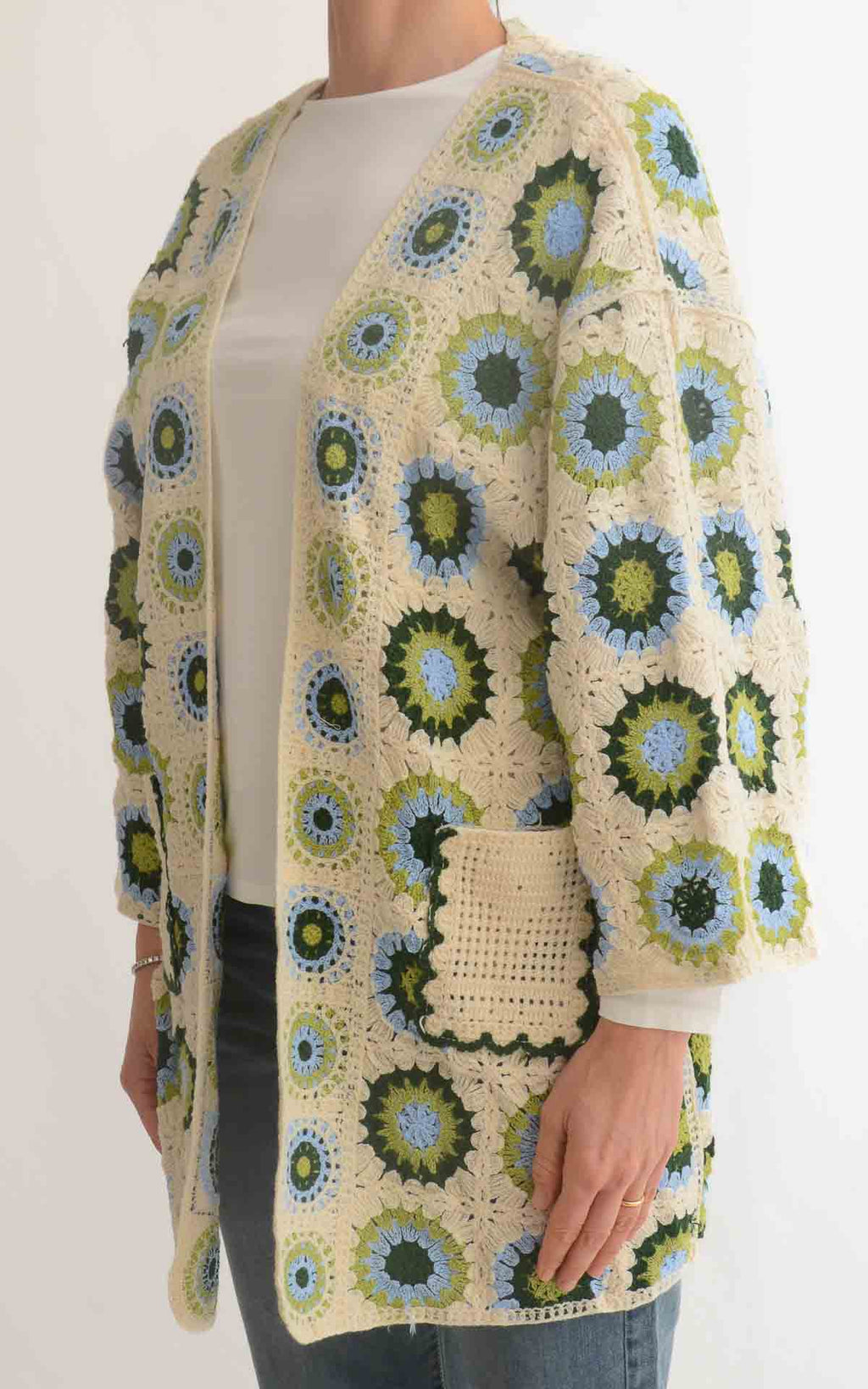 Initial - Cardigan midi macramè - Burro/olio/celeste