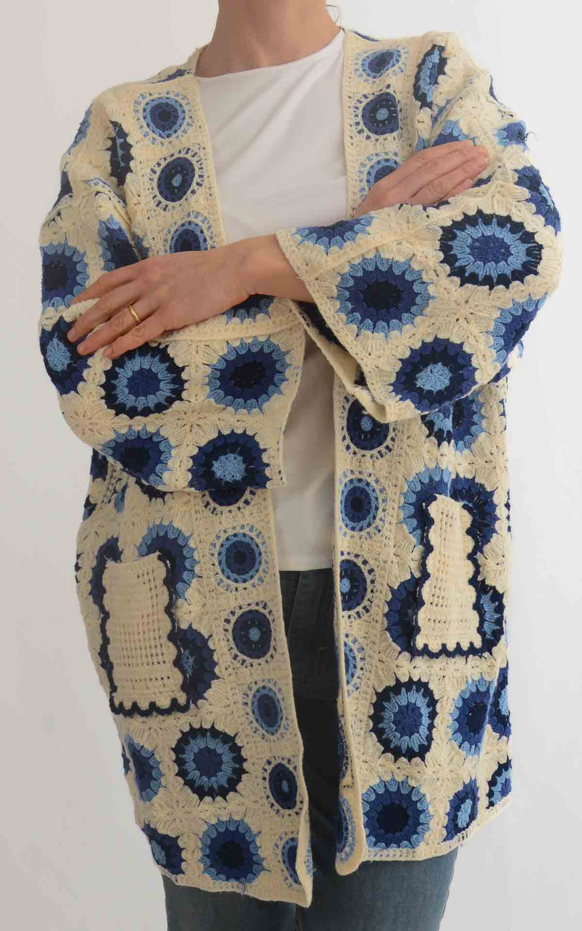Initial - Cardigan midi macramè - Burro/Blu/Celeste