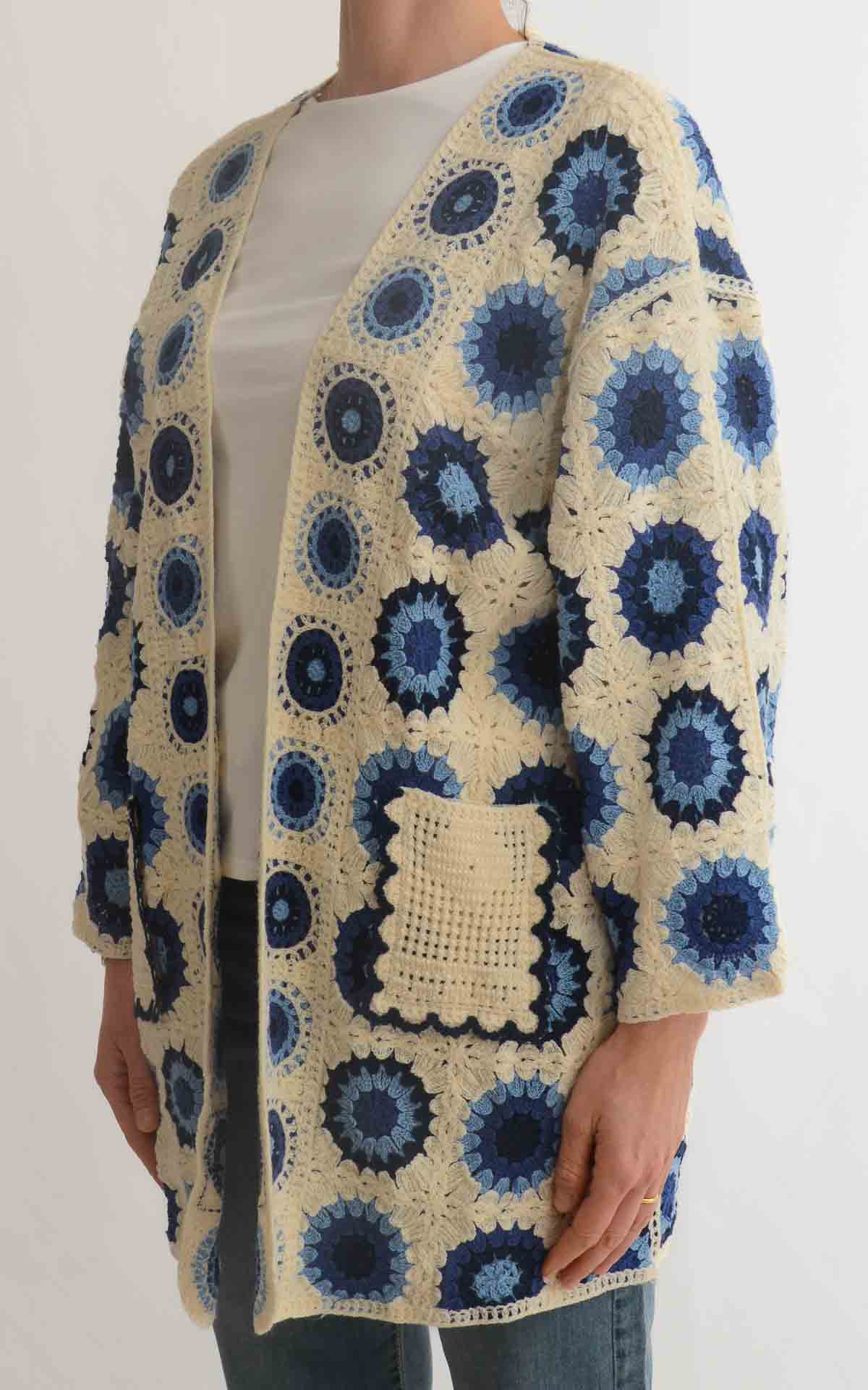 Initial - Cardigan midi macramè - Burro/Blu/Celeste