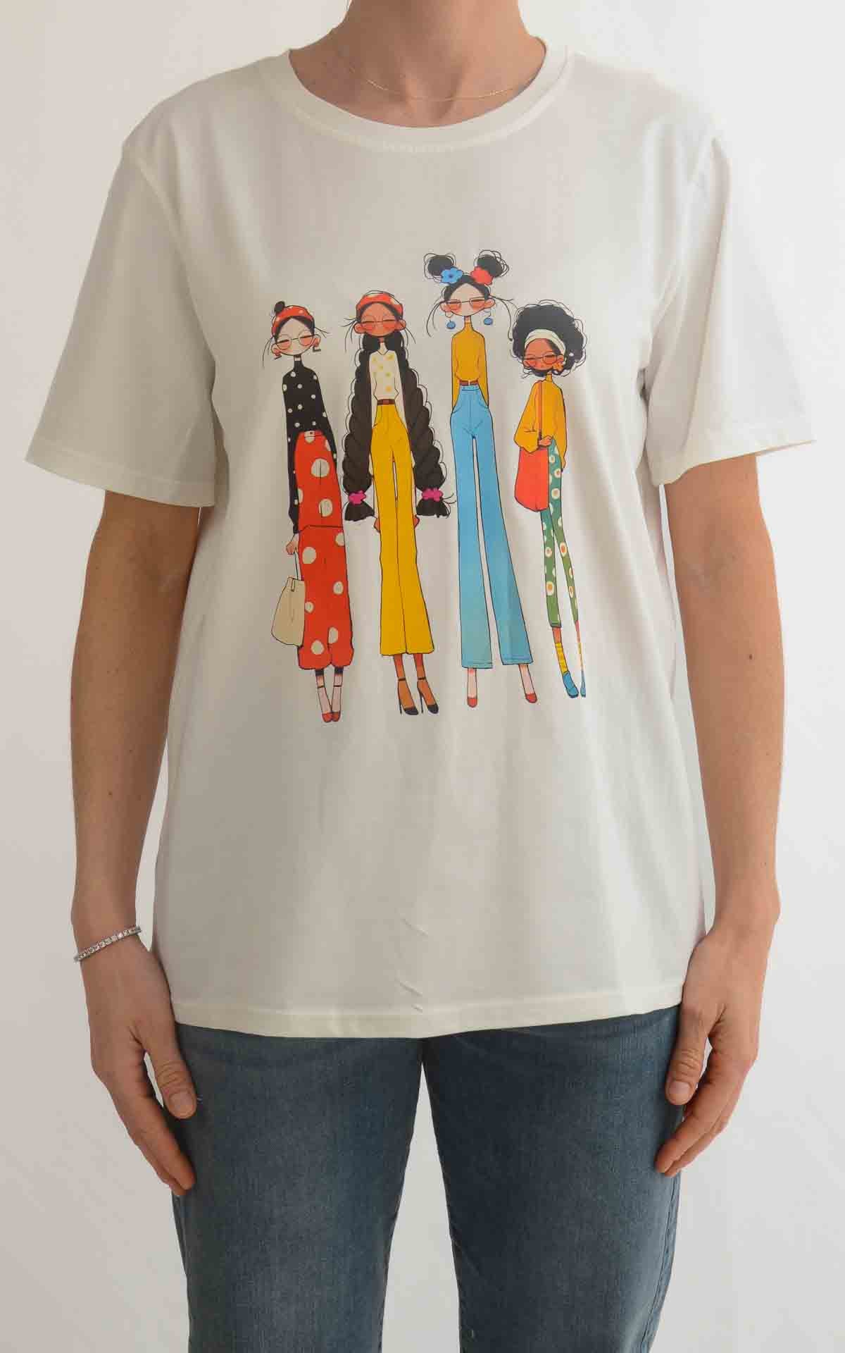Civico 1 - T-shirt stampa 4 bambole vestito pois - Bianco