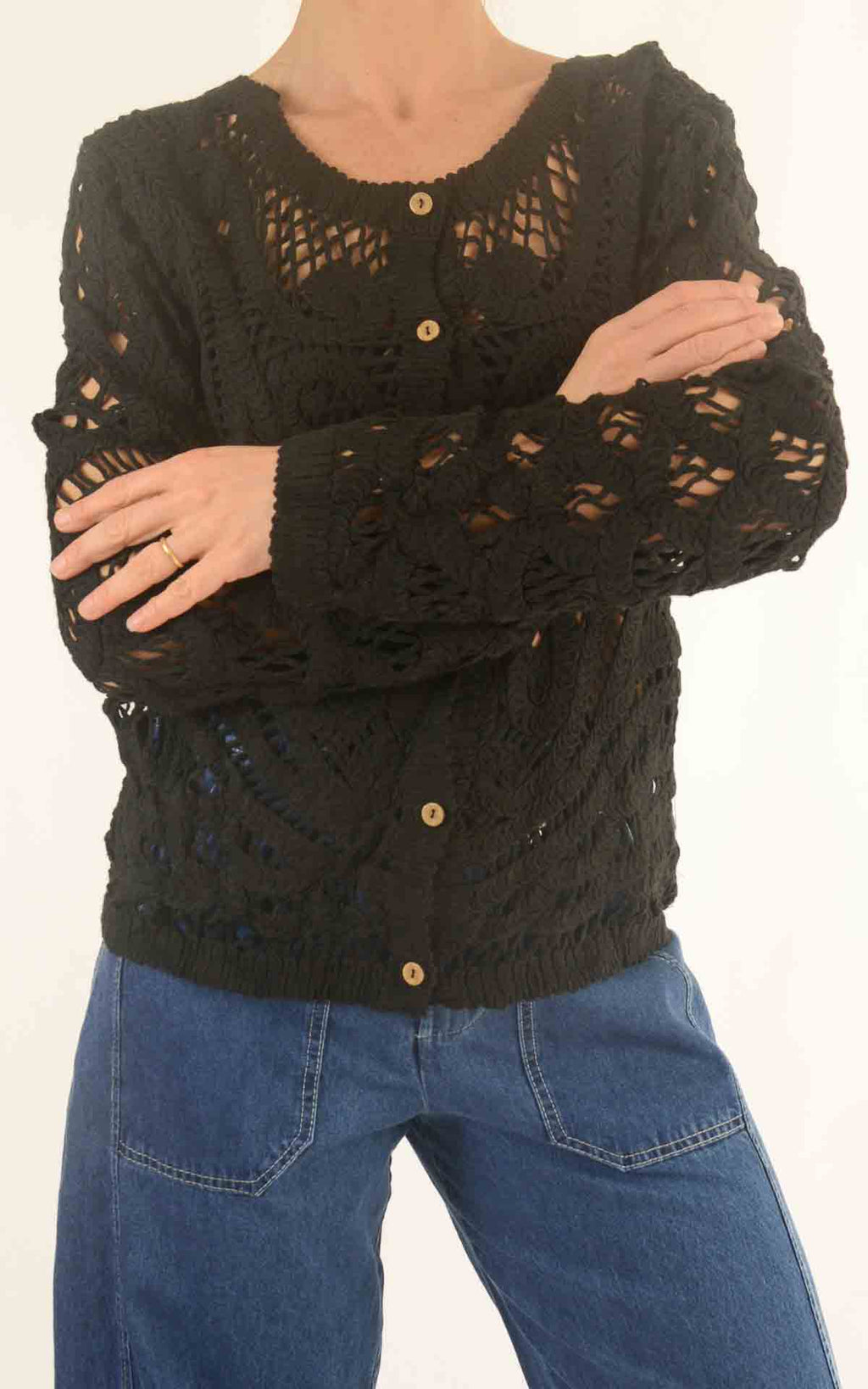 Initial - Cardigan midi macramè - Nero
