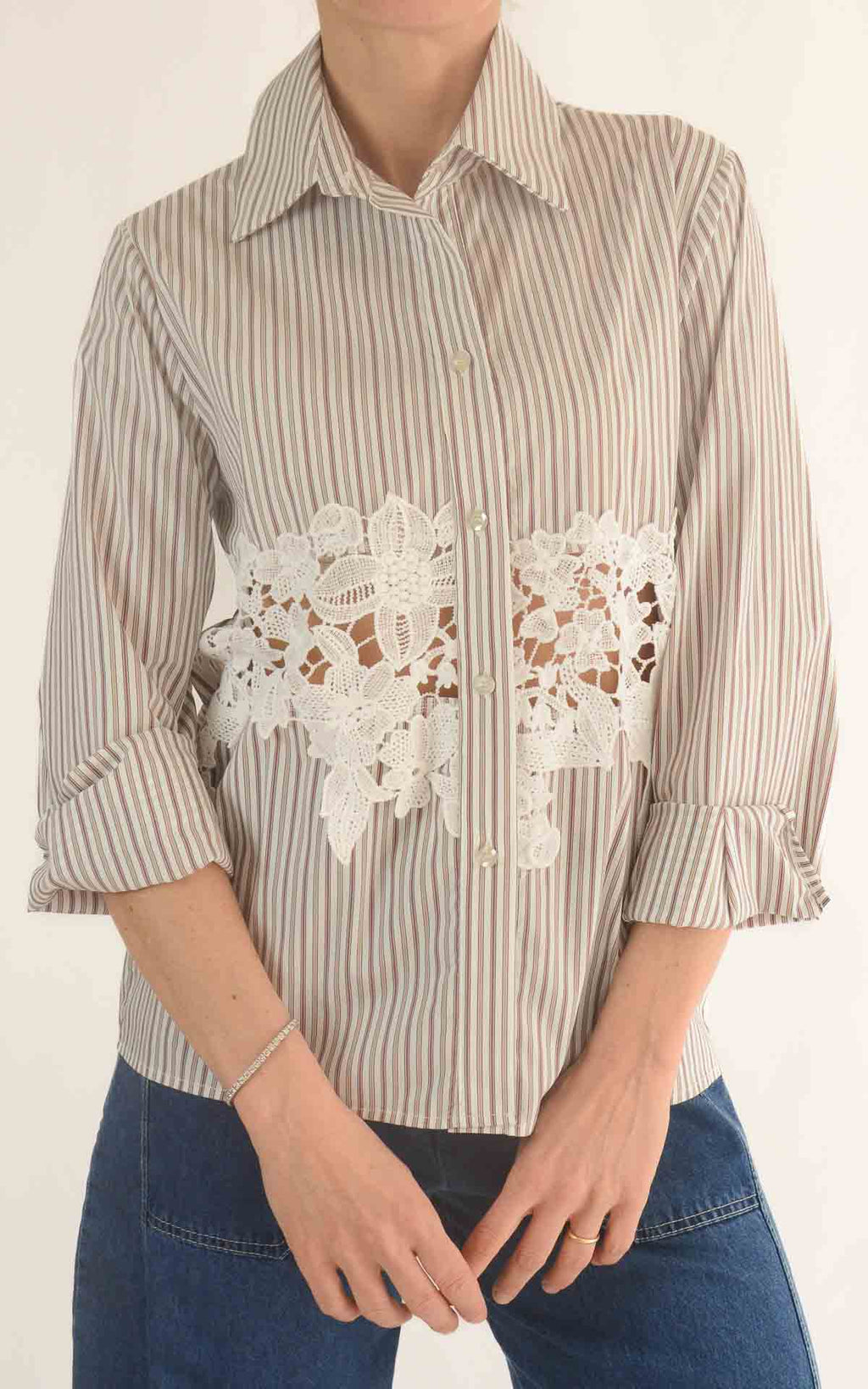 Susymix – Camicia gessata con pizzo – Panna