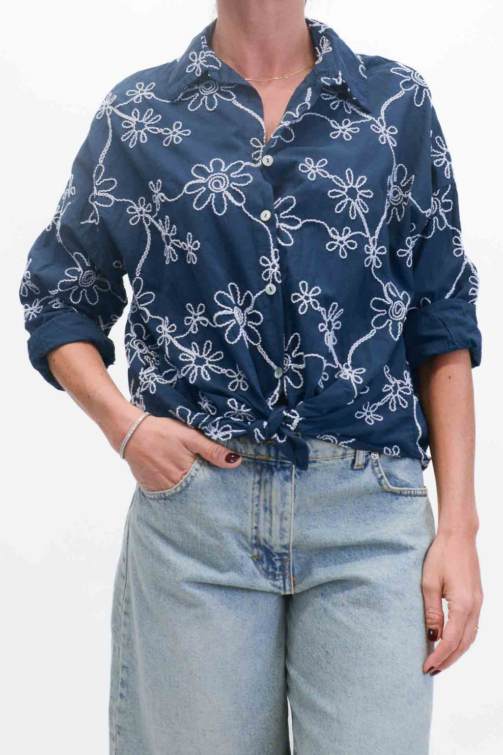 OFF-ON - Camicia con fiori ricamati - Blu
