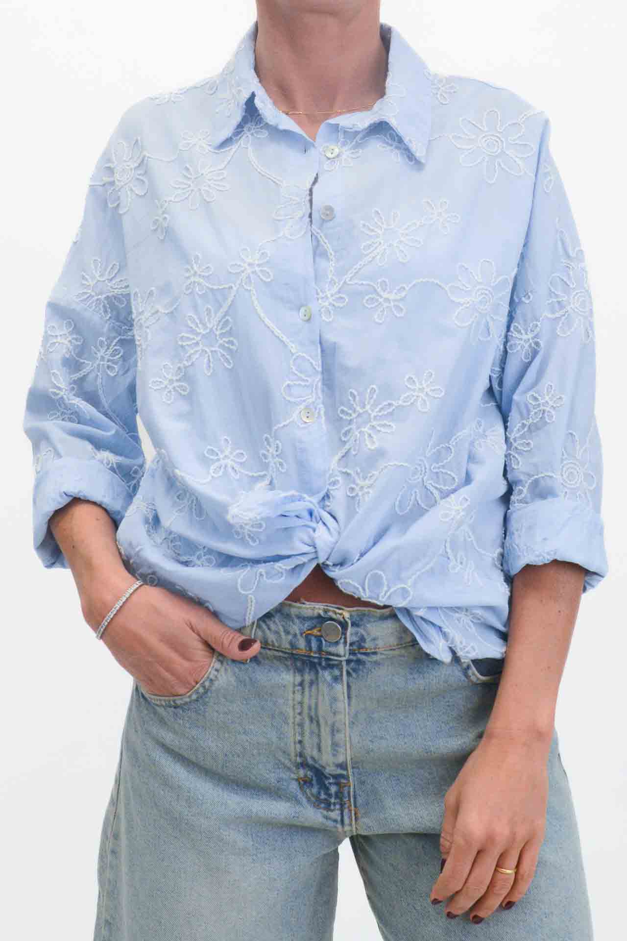 OFF-ON - Camicia con fiori ricamati - Celeste