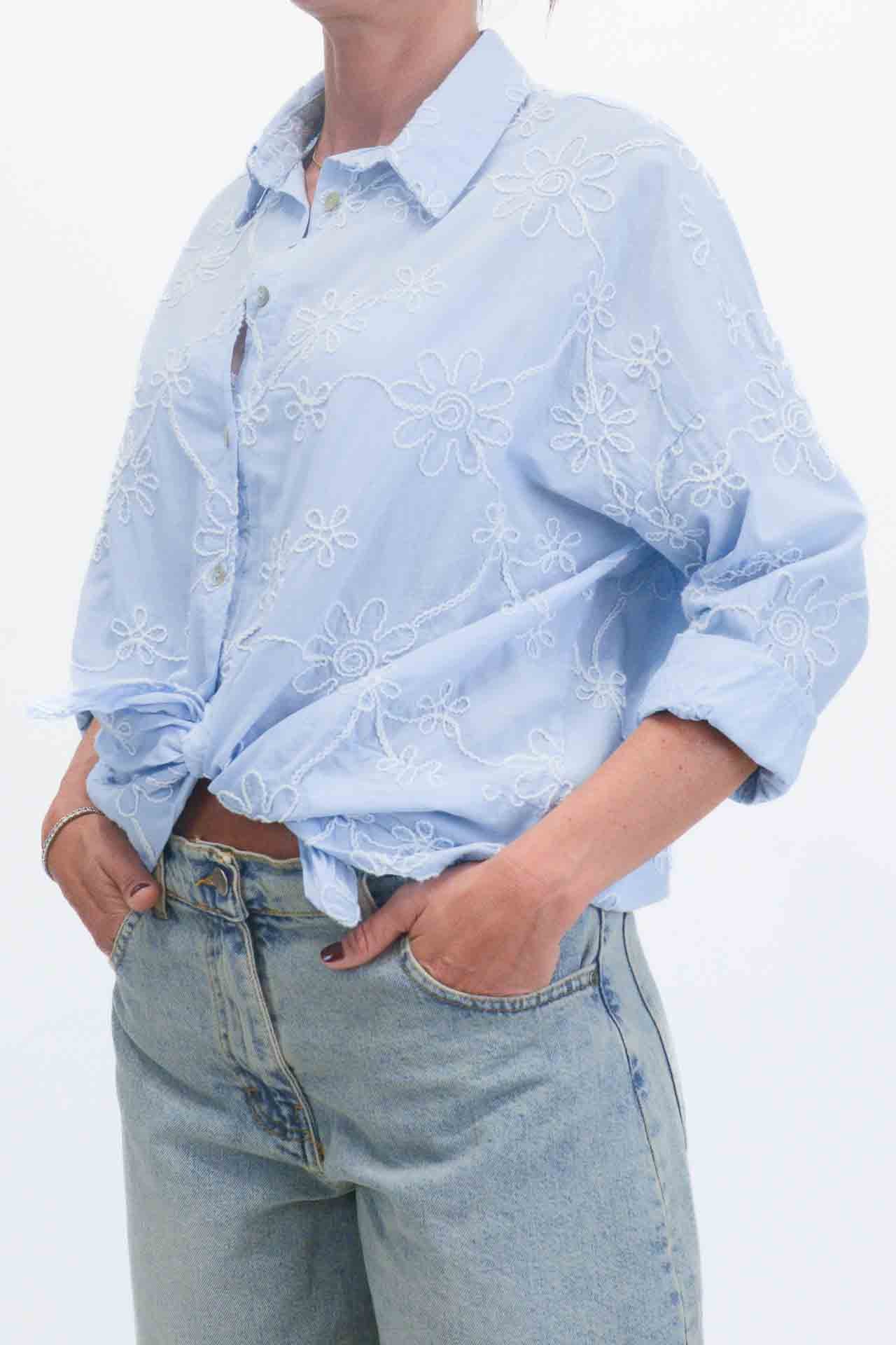 OFF-ON - Camicia con fiori ricamati - Celeste