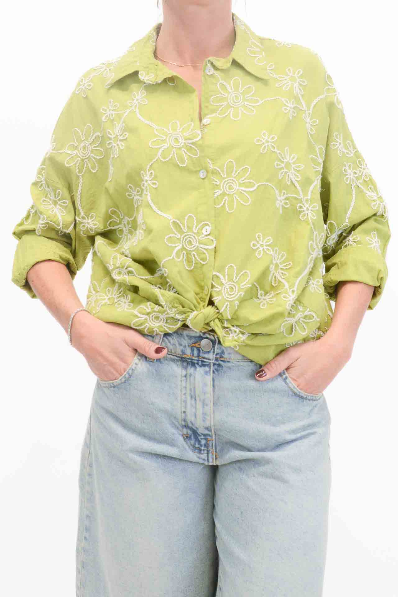 OFF-ON - Camicia con fiori ricamati - Verde