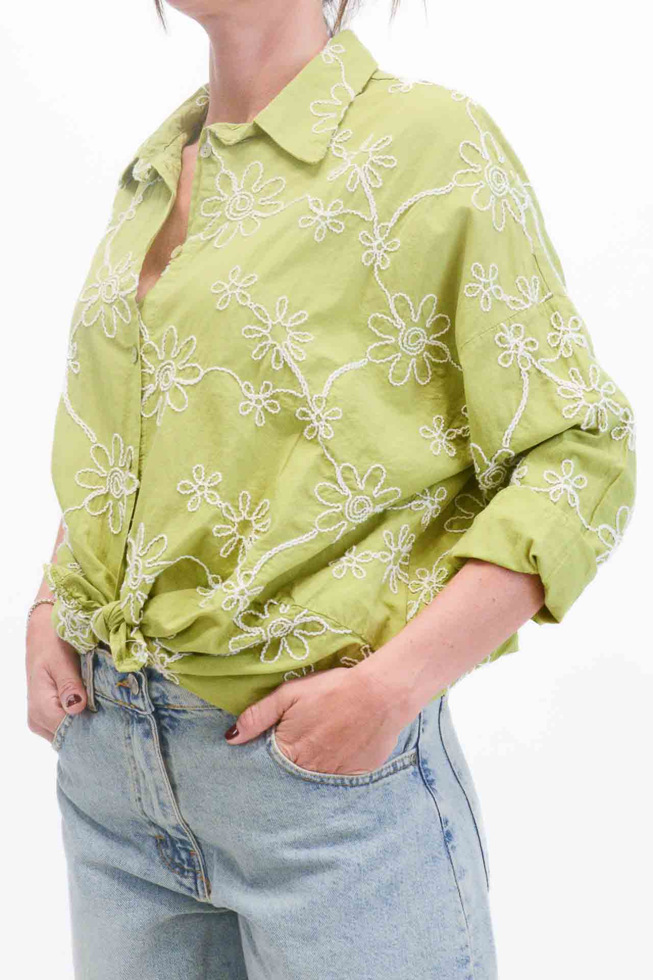 OFF-ON - Camicia con fiori ricamati - Verde