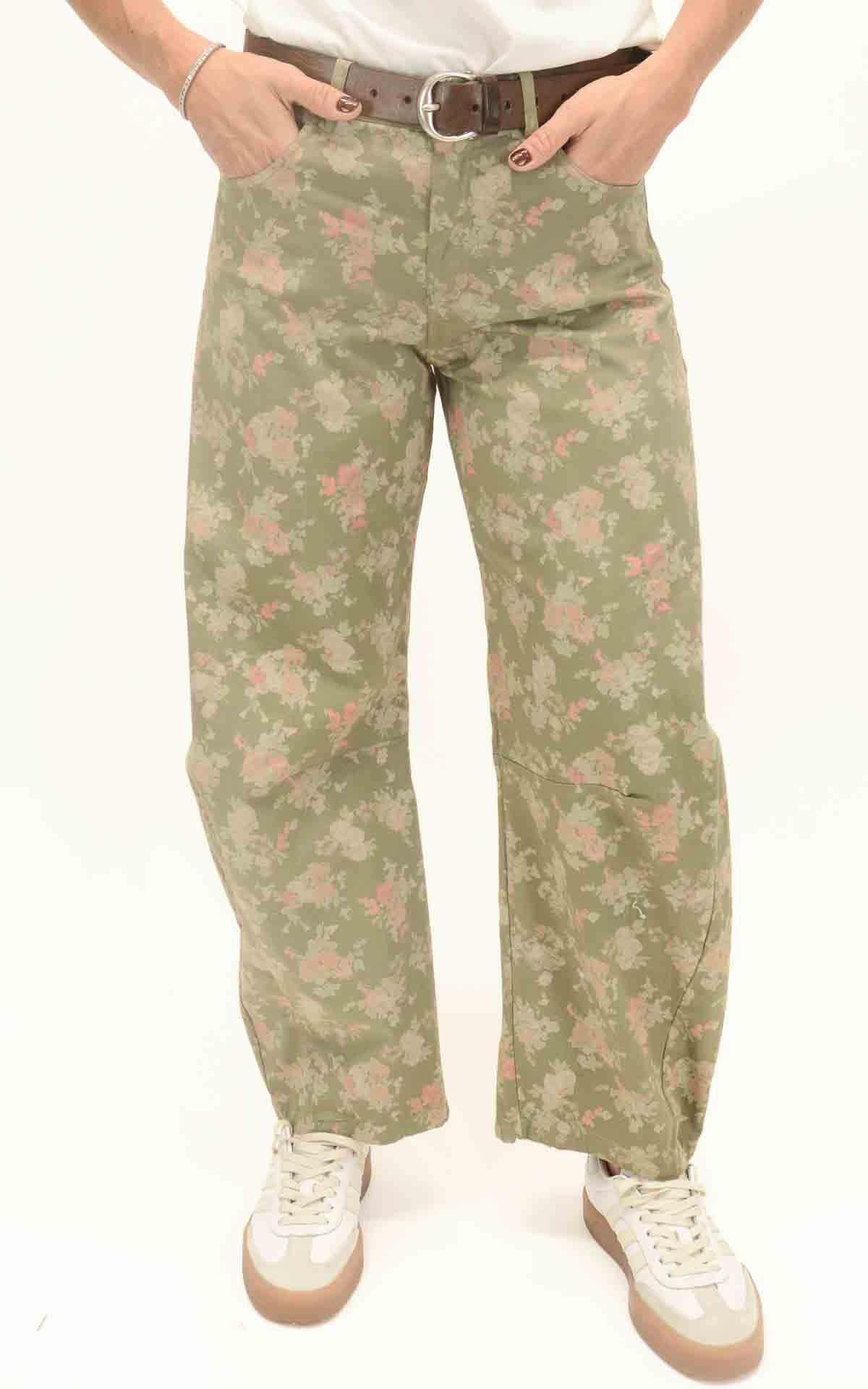 OFF-ON - Pantalone barrel floreale - Verde olio