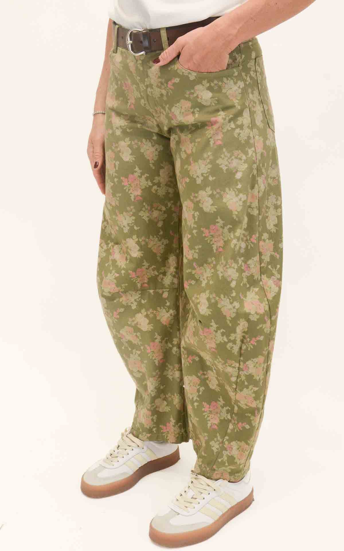 OFF-ON - Pantalone barrel floreale - Verde olio