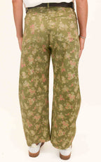 OFF-ON - Pantalone barrel floreale - Verde olio